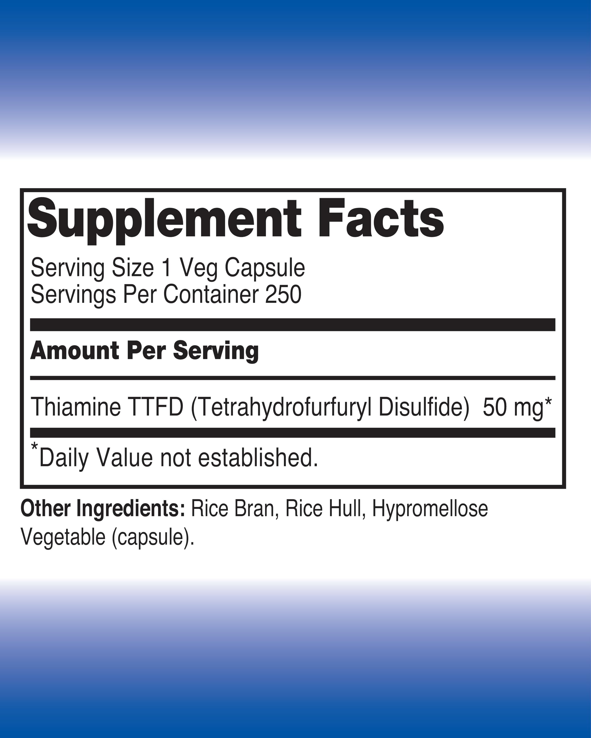 Back view of The One Pill Integrative Healing Vitamin B1 Thiamine TTFD 50mg Capsules packaging