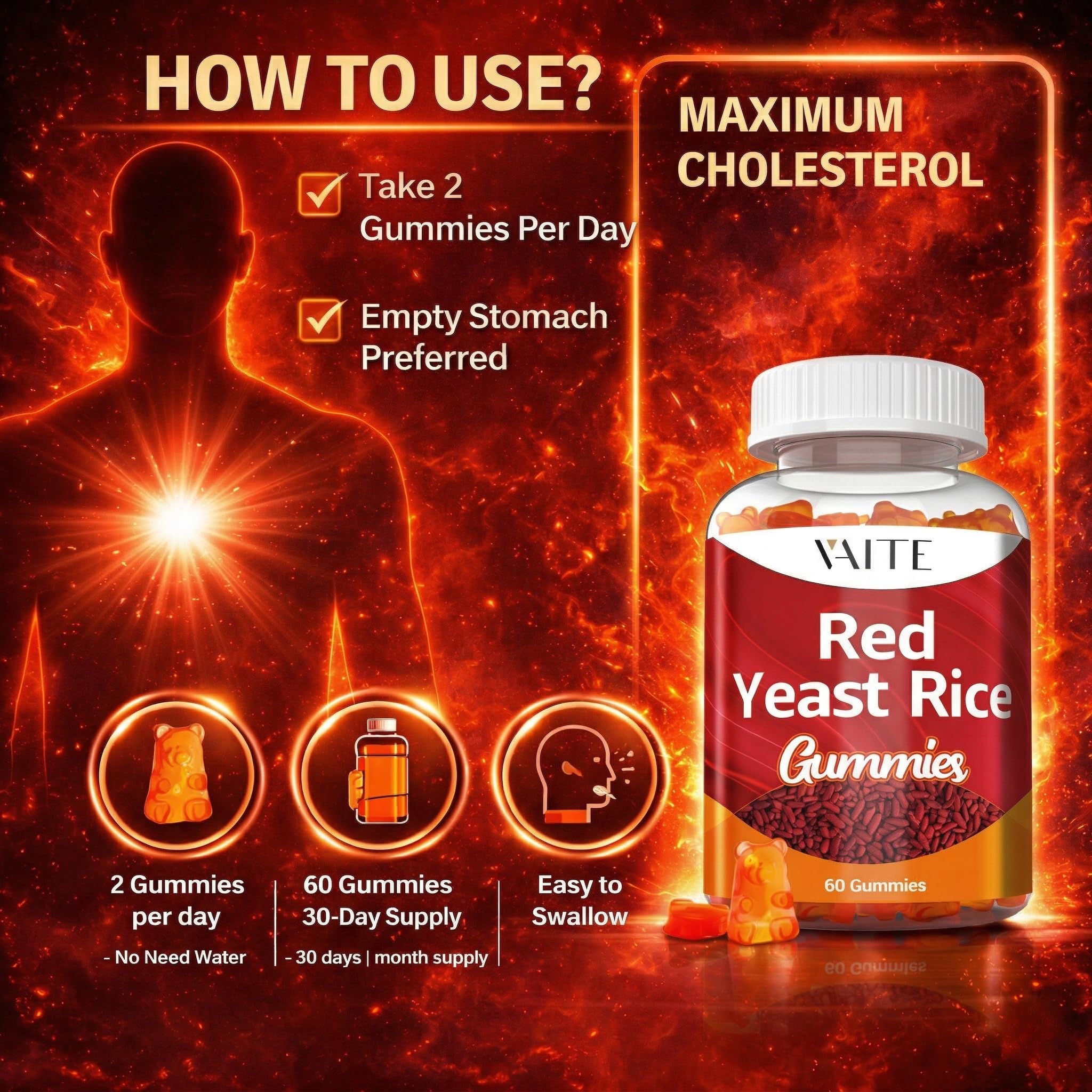 Back view of VAITE Red Yeast Rice Gummies packaging
