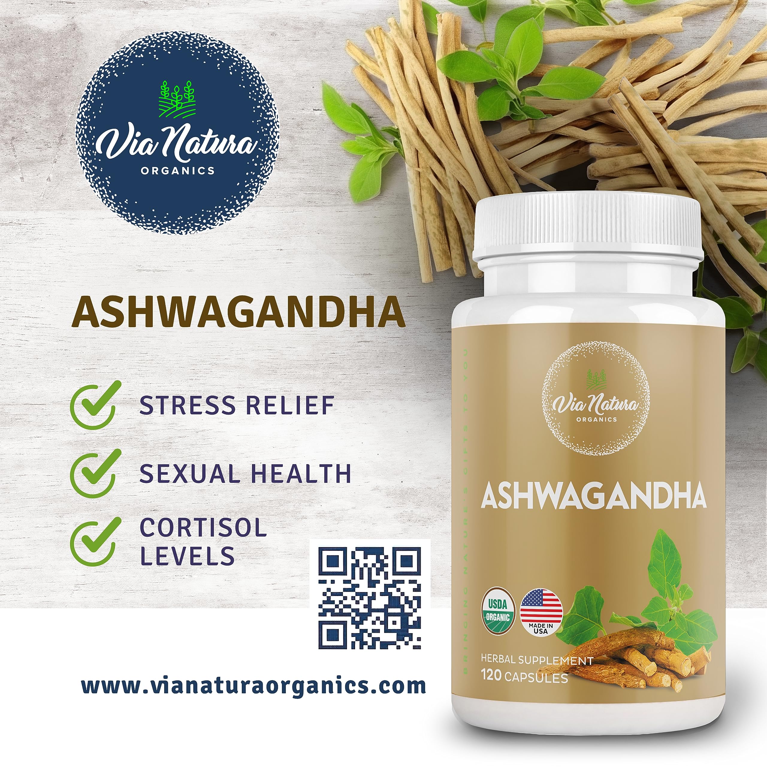 Back view of Via Natura Organics Organic Ashwagandha bottle showing ingredients