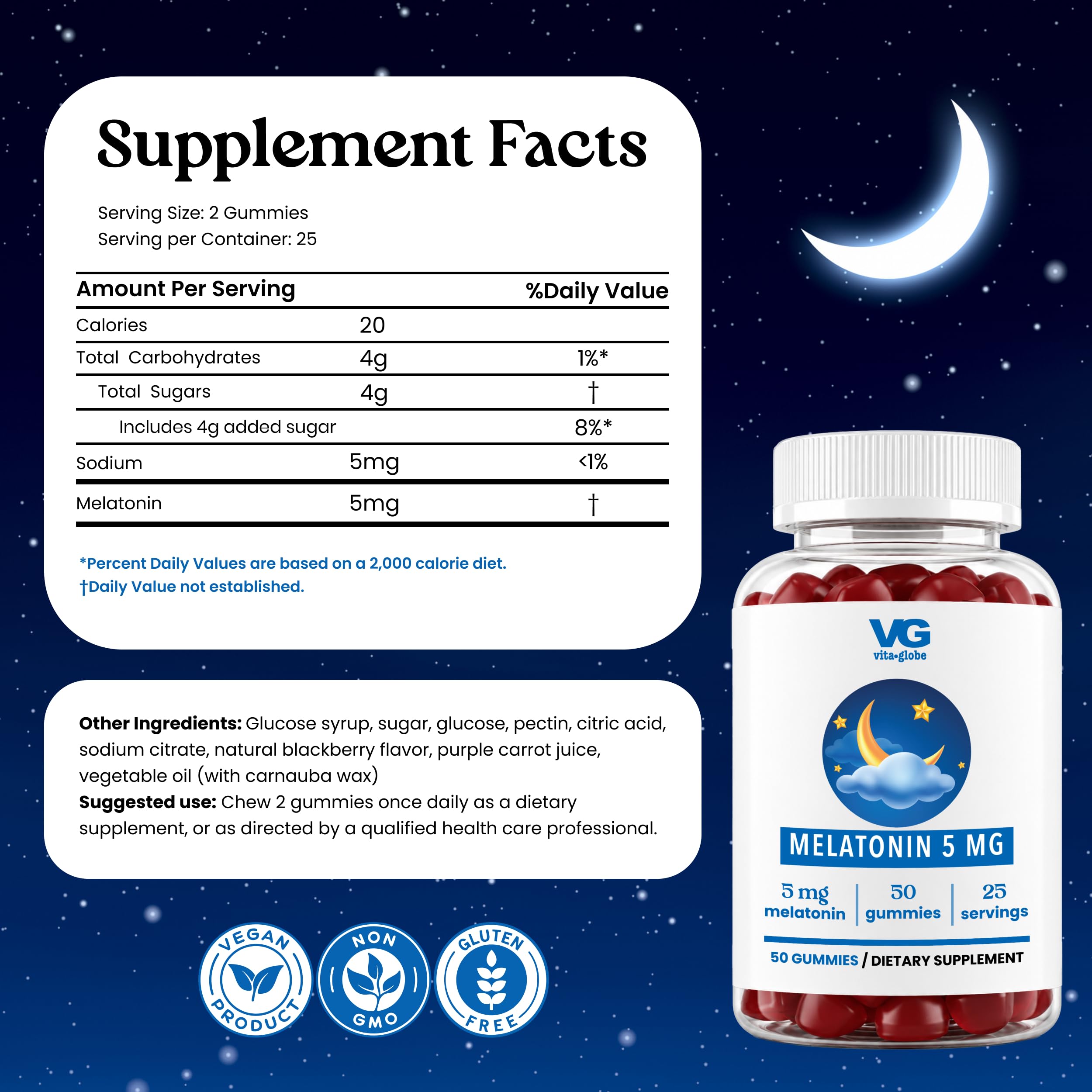 Back view of VITA GLOBE Melatonin Gummies 5mg bottle with ingredients