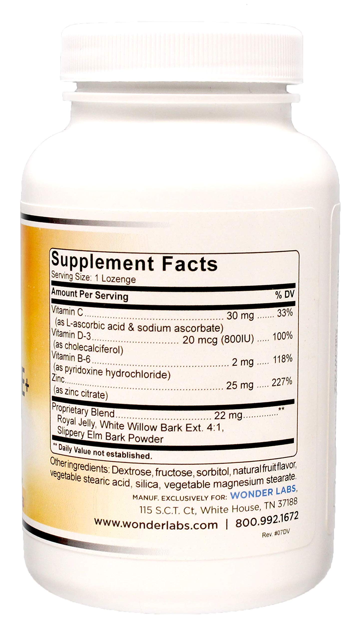 Back view of Wonder Laboratories Zinc Lozenges showing ingredients