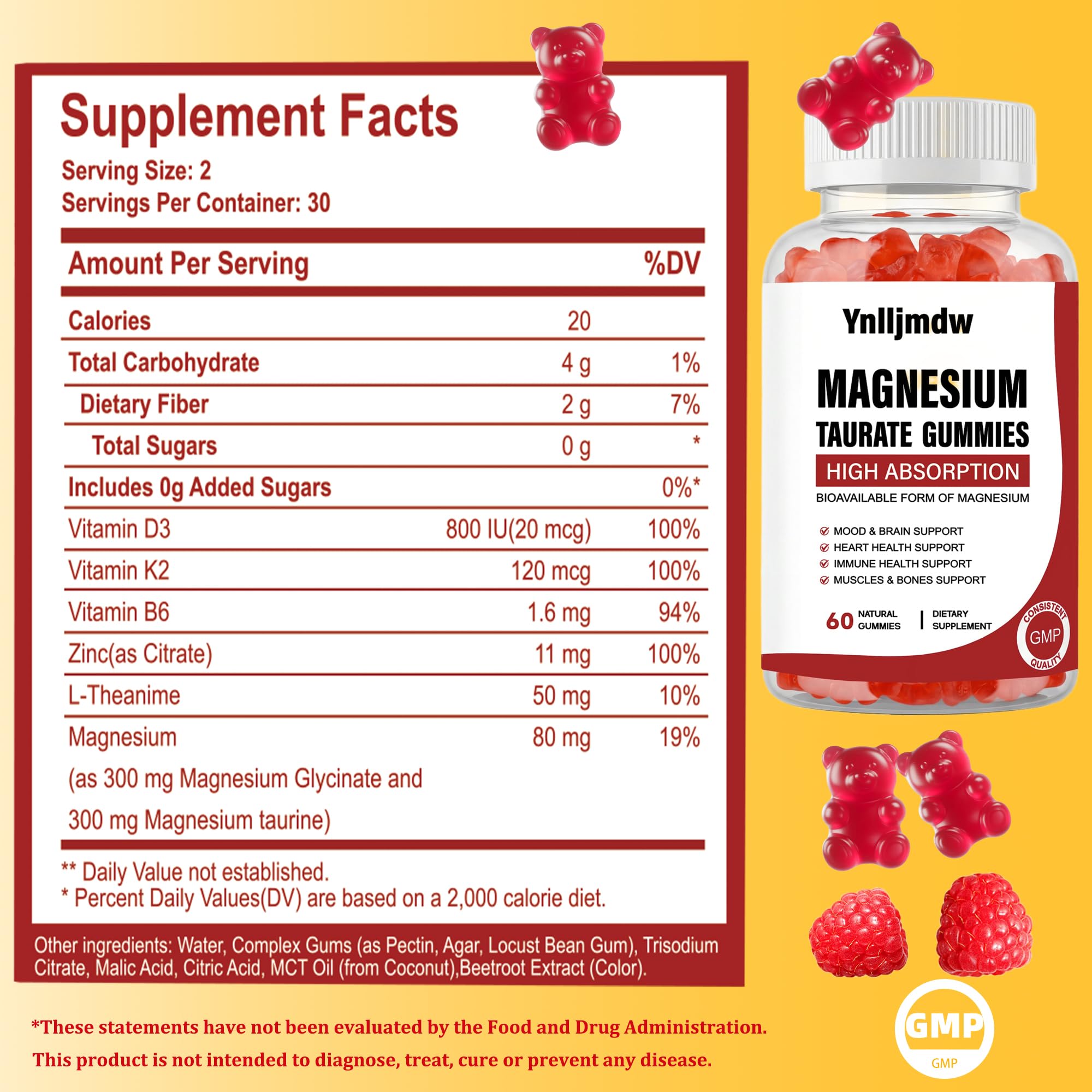 Back view of Ynlljmdw Magnesium Taurate Gummies packaging