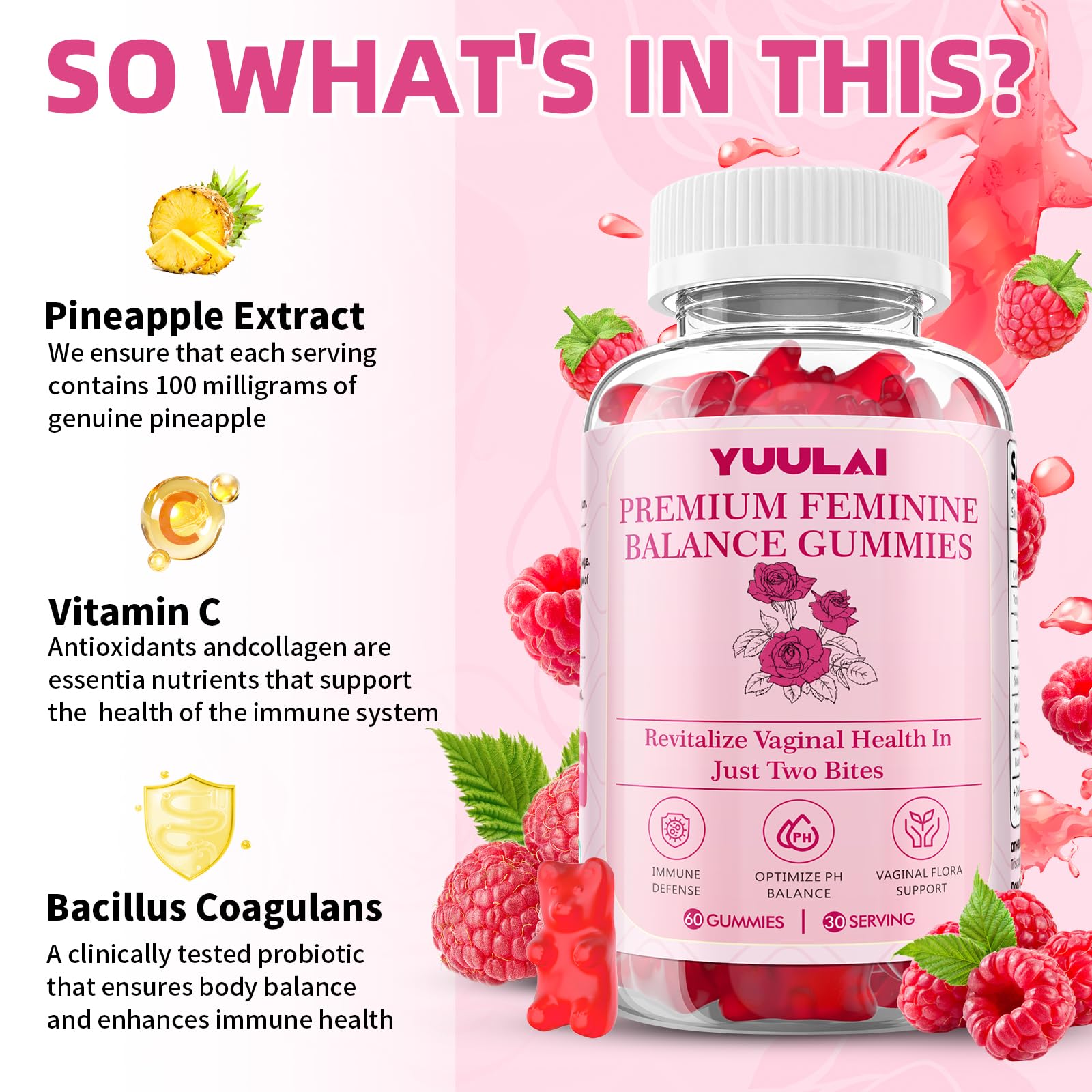 Back view of YUULAI Feminine Balance Gummies with ingredient list
