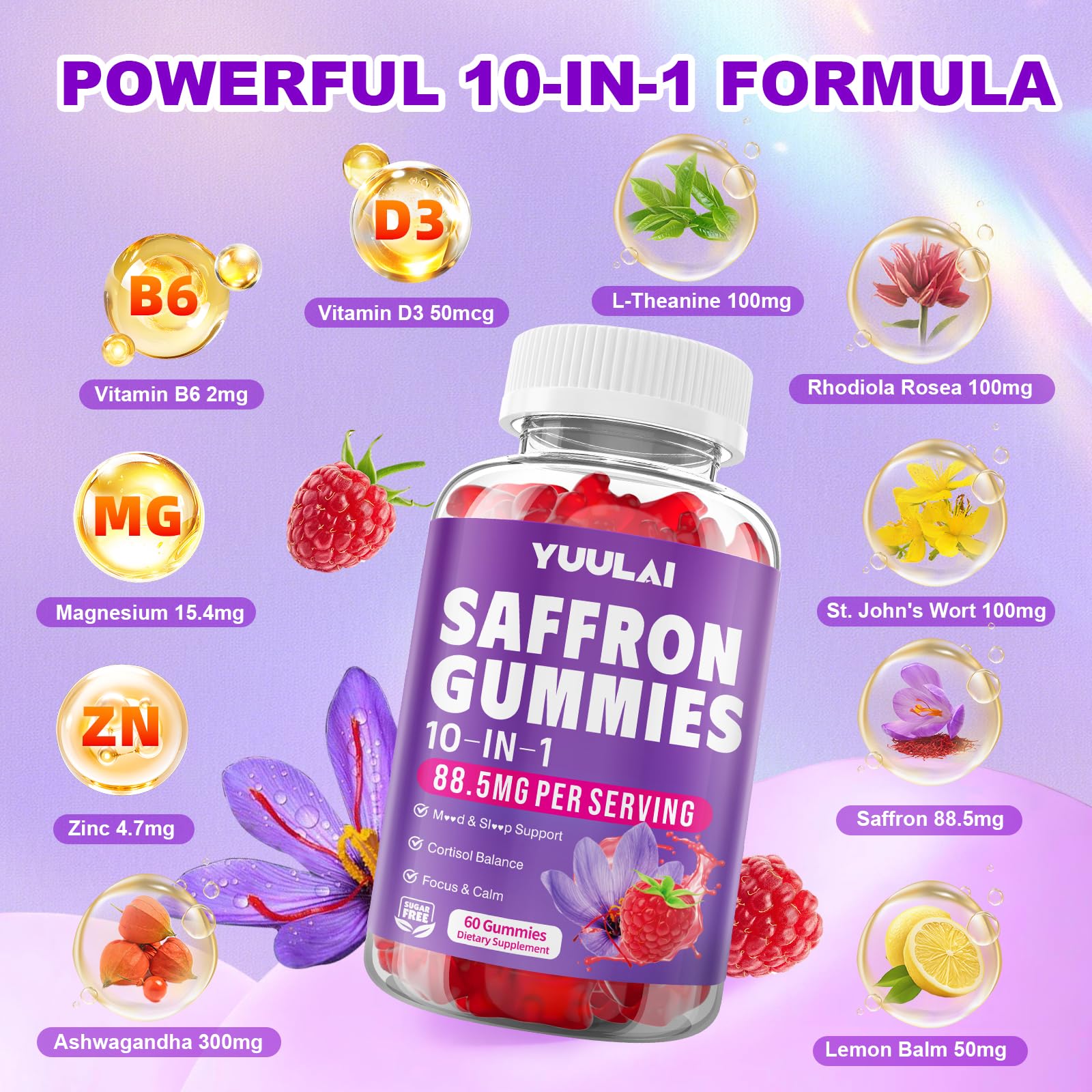 Back view of YUULAI Saffron Gummies packaging