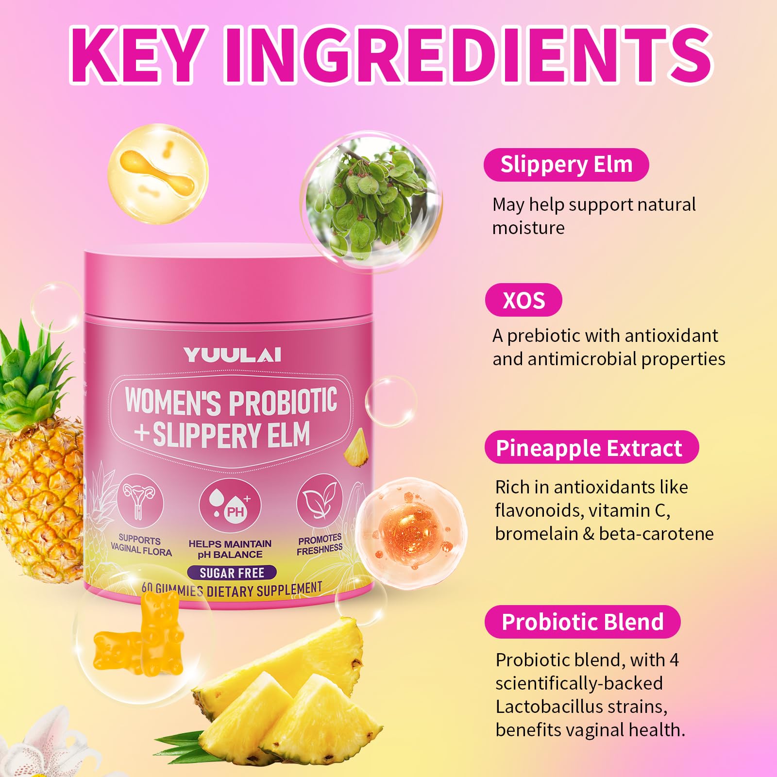 Back view of YUULAI Women's Probiotic Gummies packaging