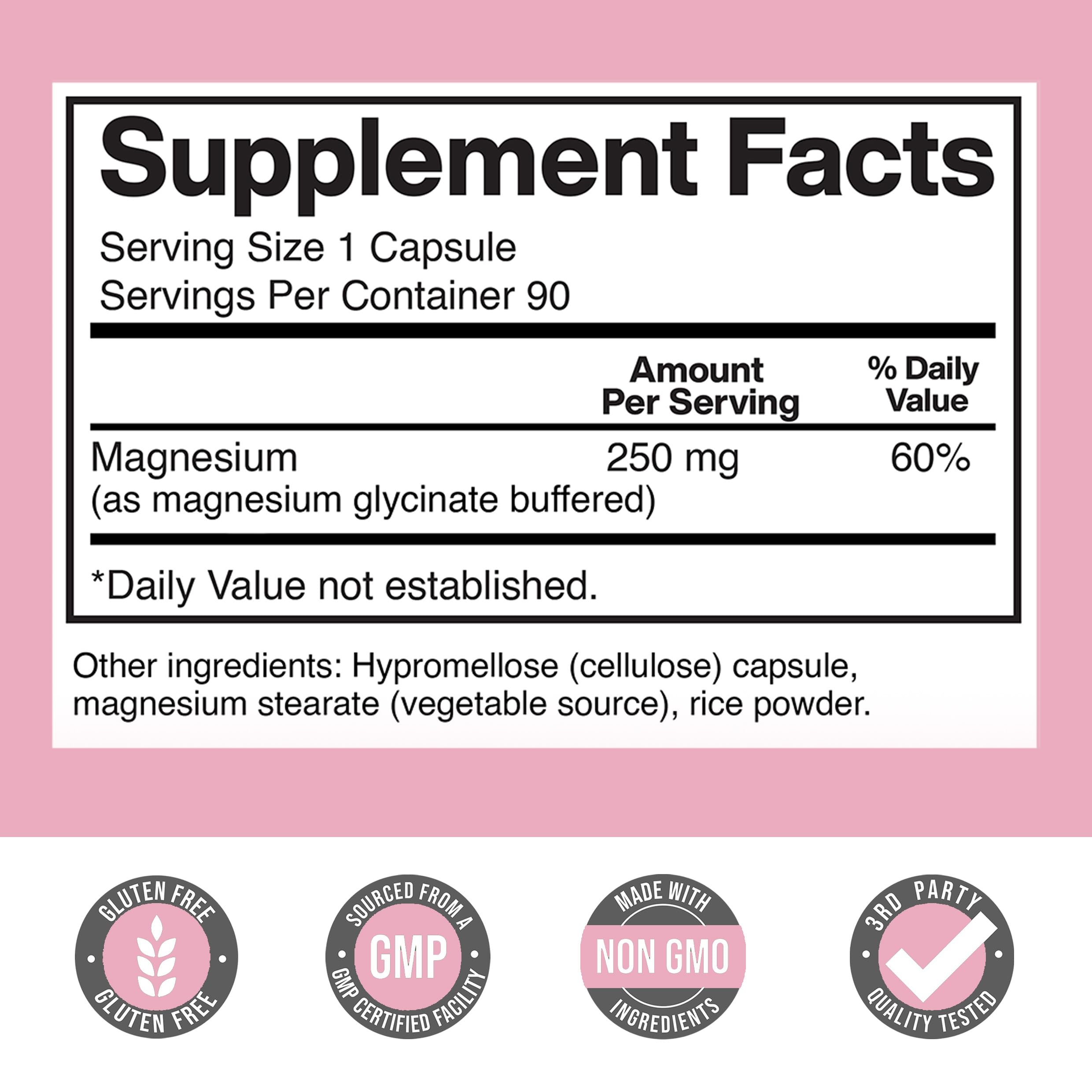 Back view showing ingredient details of Magnesium Glycinate 250mg
