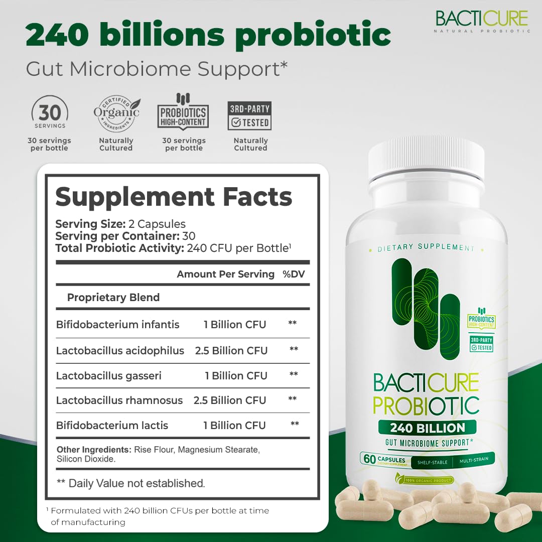 BACTICURE Multivitamins 118g capsule bottle with a healthy meal