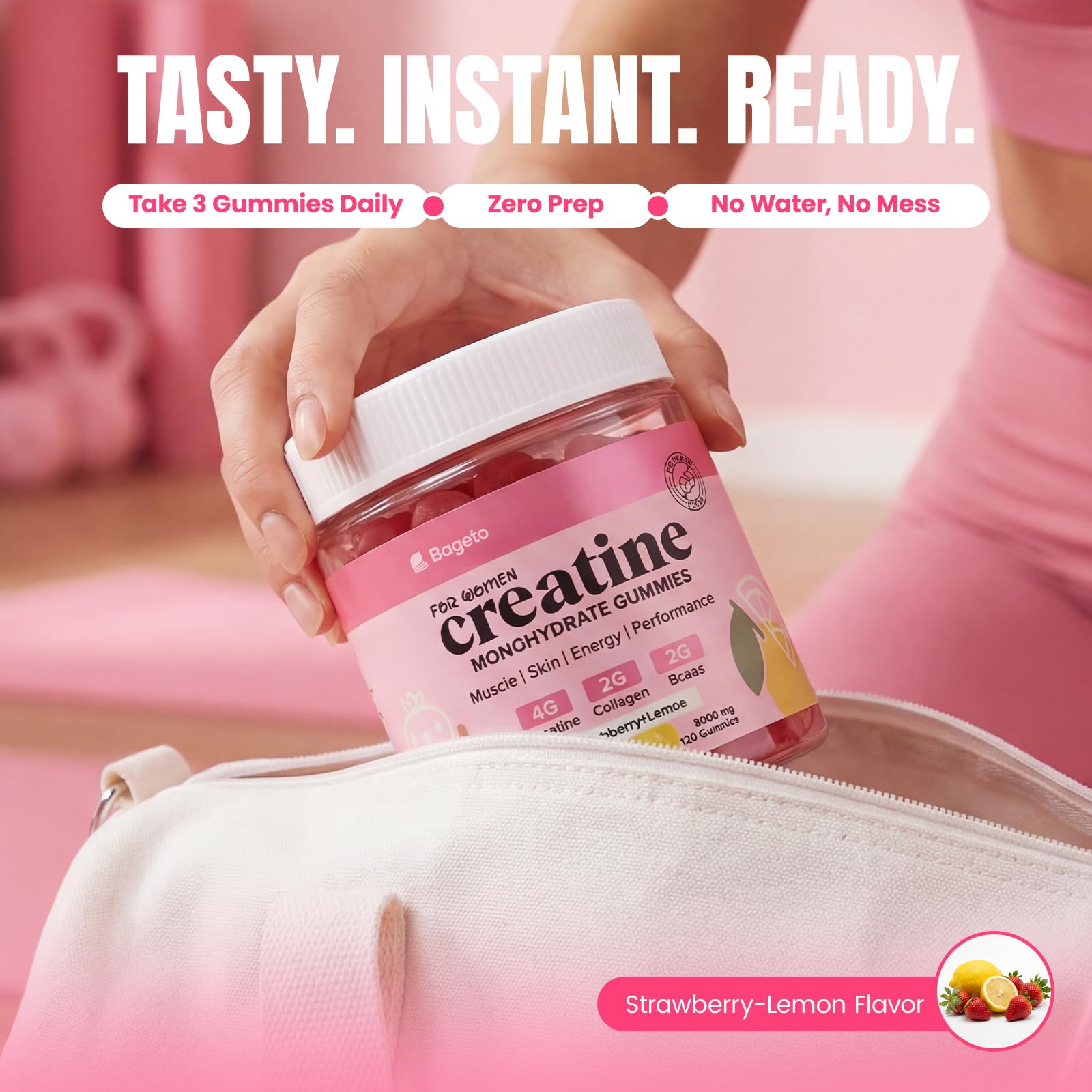 Bageto Creatine Gummies displayed with fitness accessories