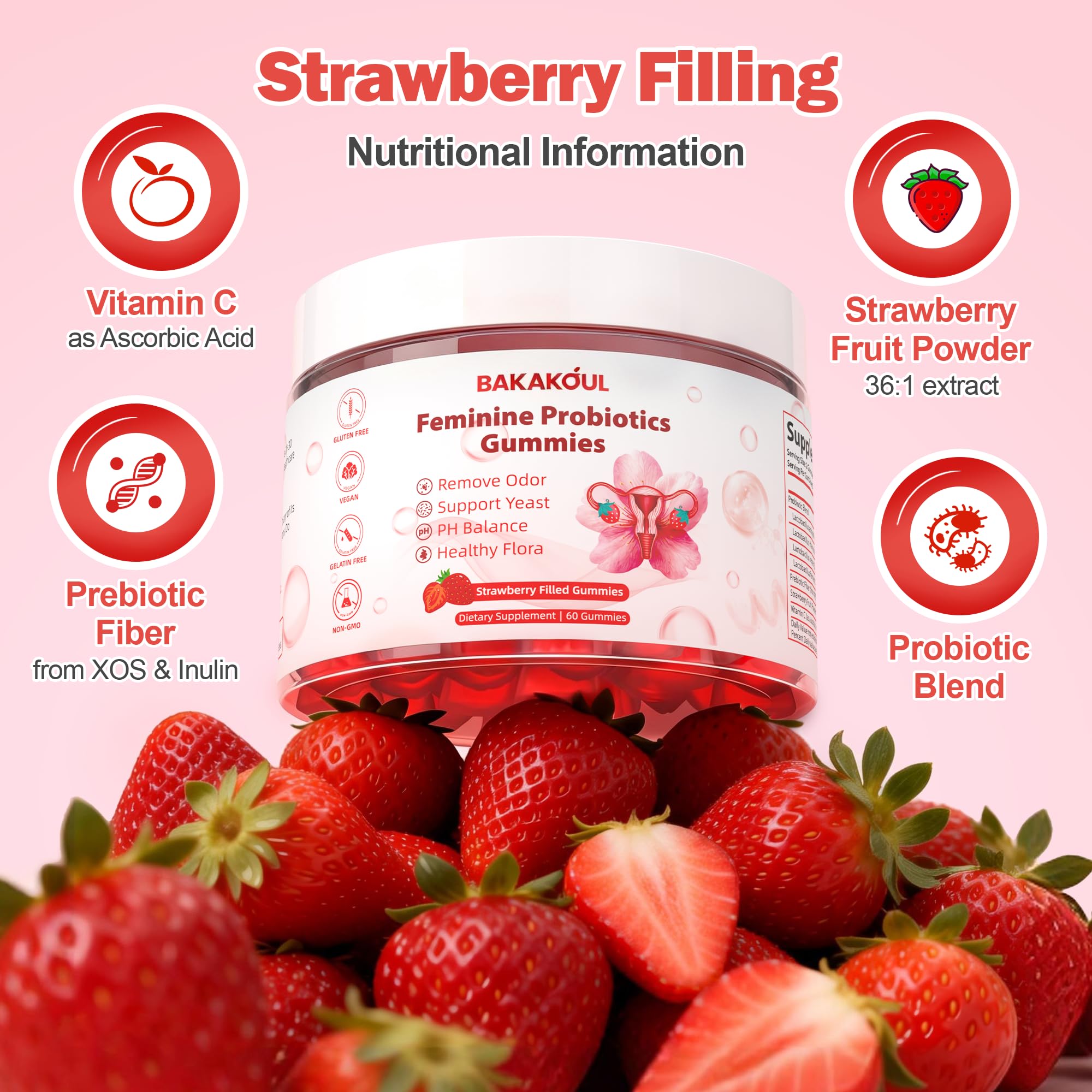 BAKAKOUL Feminine Probiotics Gummies with fresh strawberries