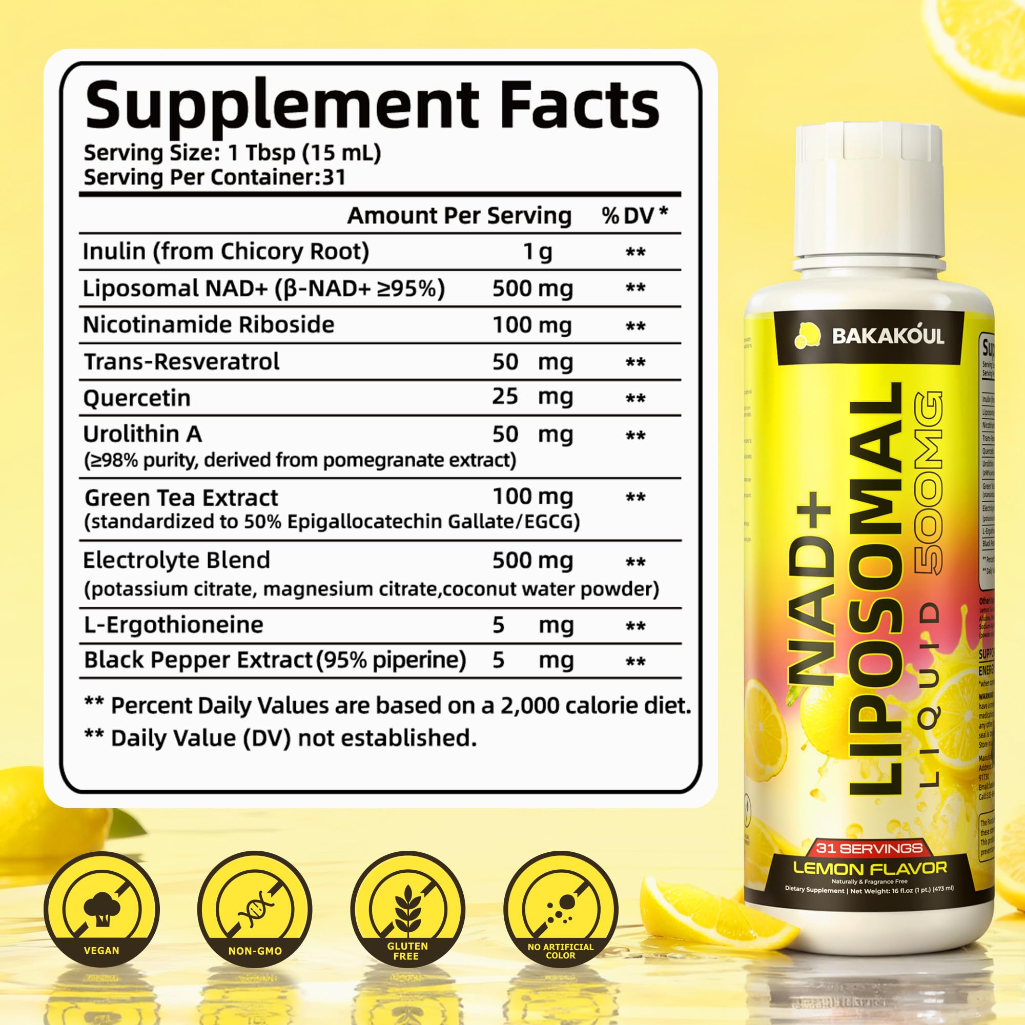 BAKAKOUL NAD+ Liquid Supplement packaging with nutritional information