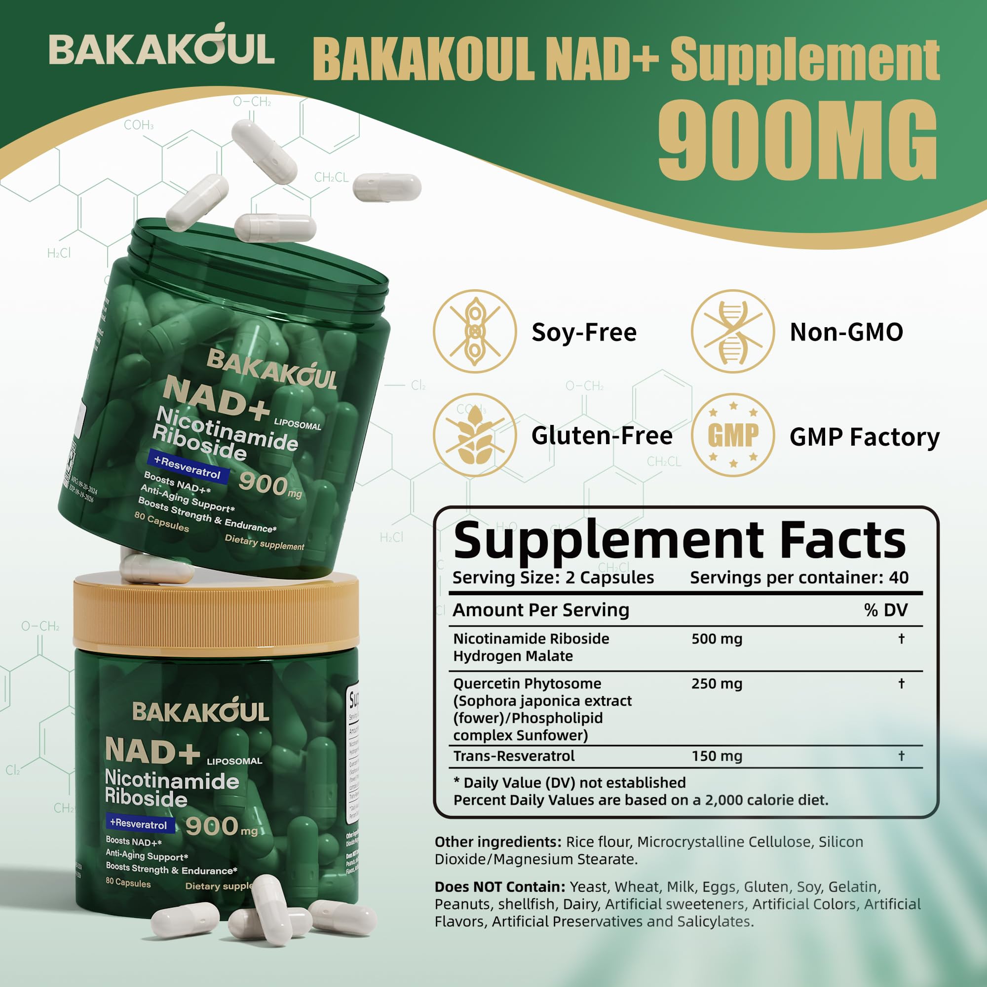 BAKAKOUL NAD Resveratrol Supplement 80 capsules bottle