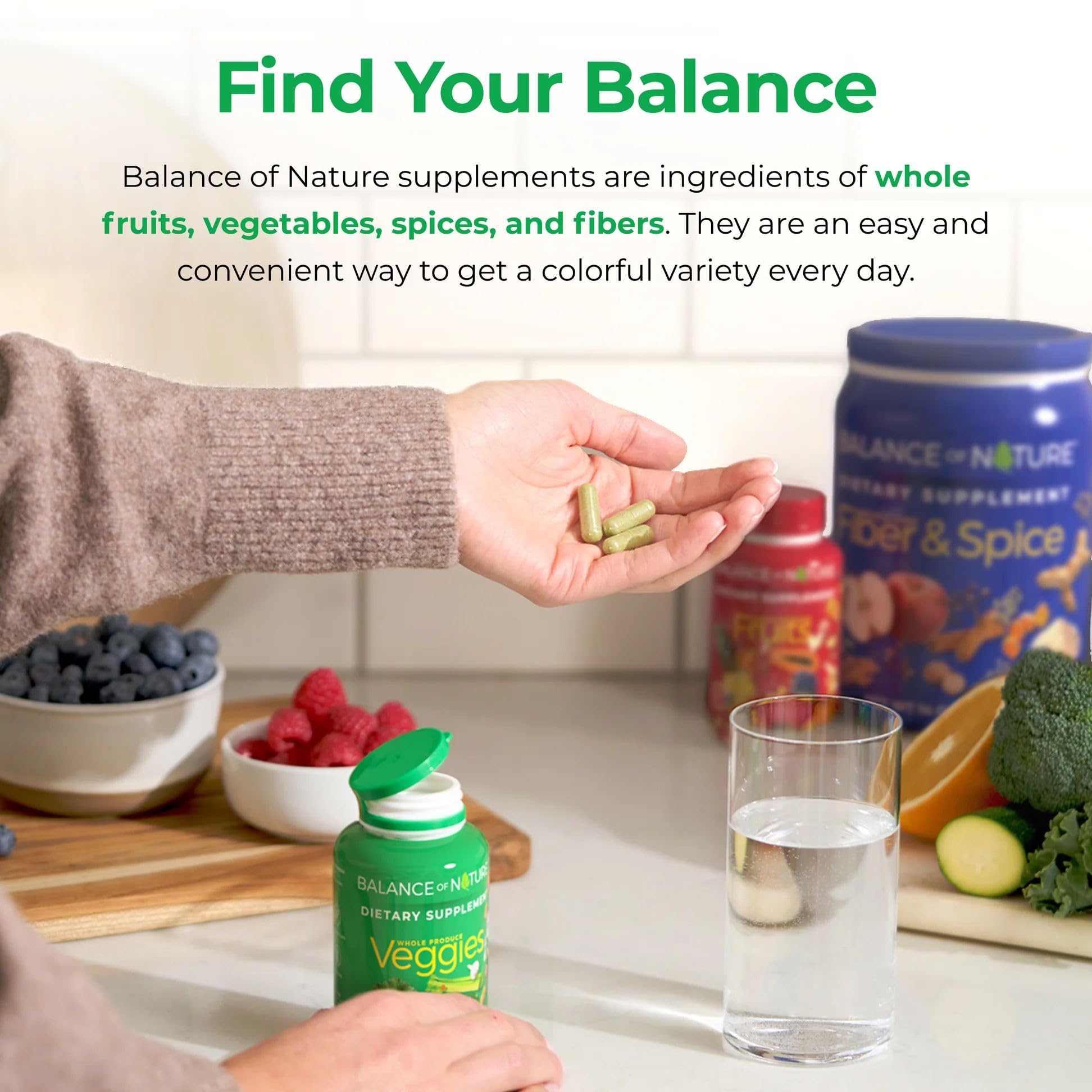 Balance of Nature Veggies Supplement lifestyle scene with fresh vegetables