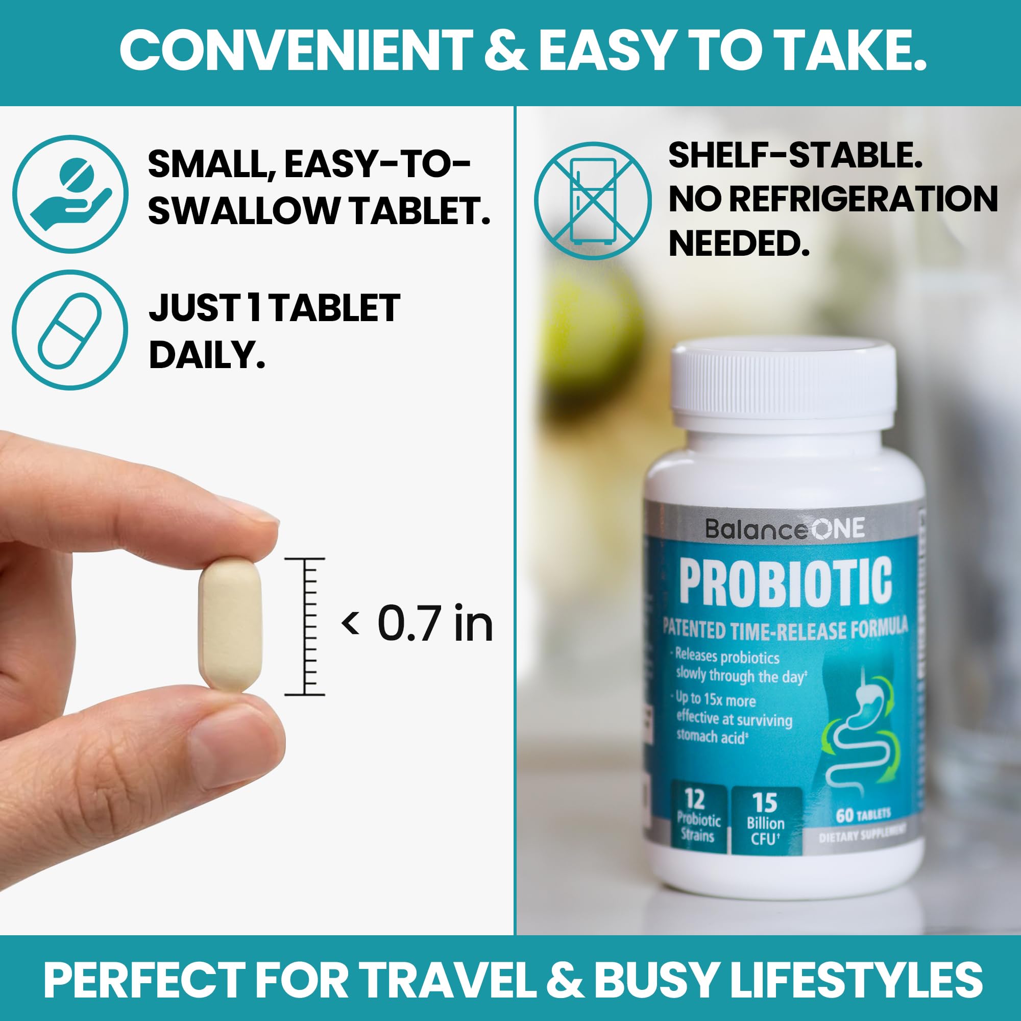 Balance ONE Probiotic Acidophilus Tablets on a wooden table