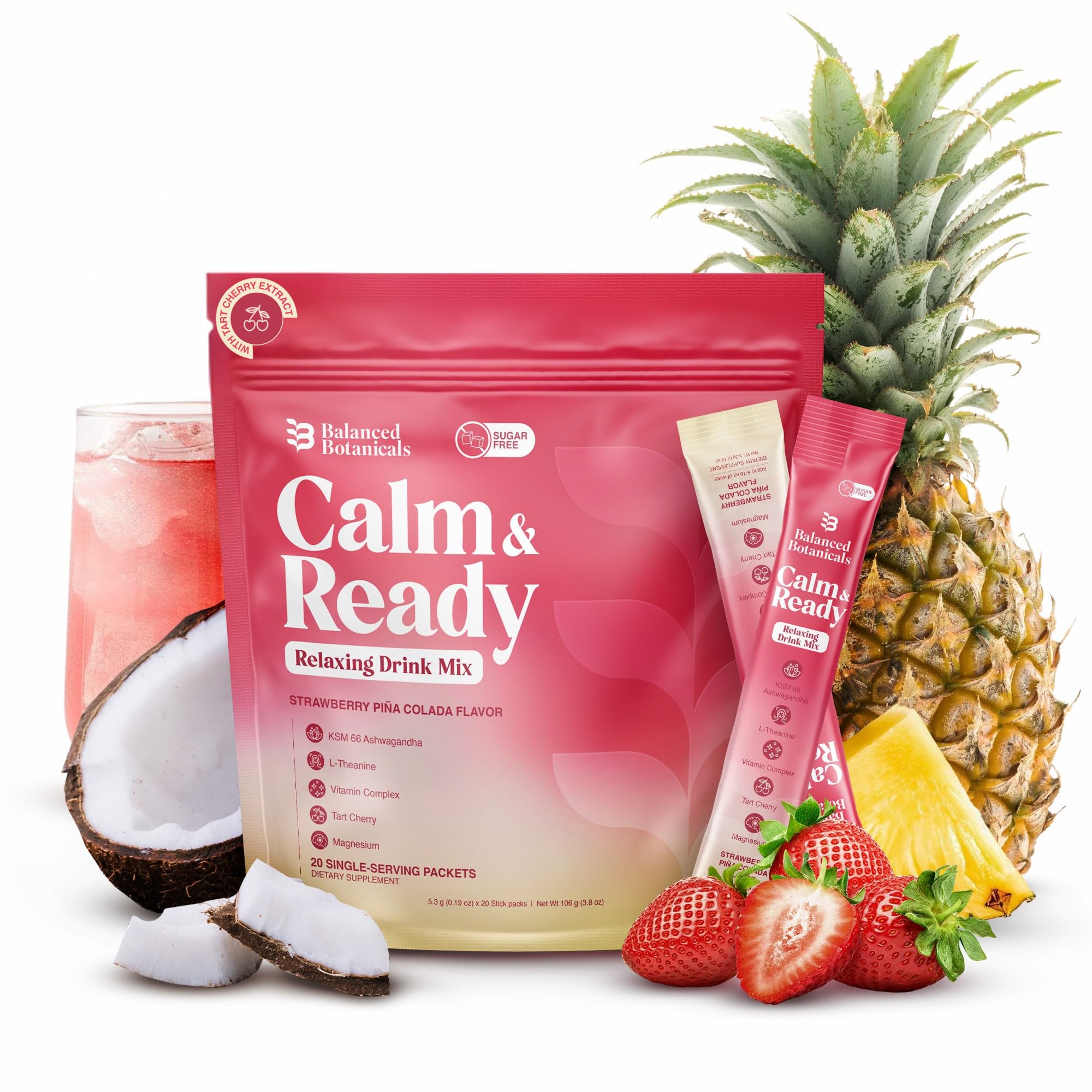 Balanced Botanicals Calm & Ready Sleep Powder Strawberry Piña Colada front view