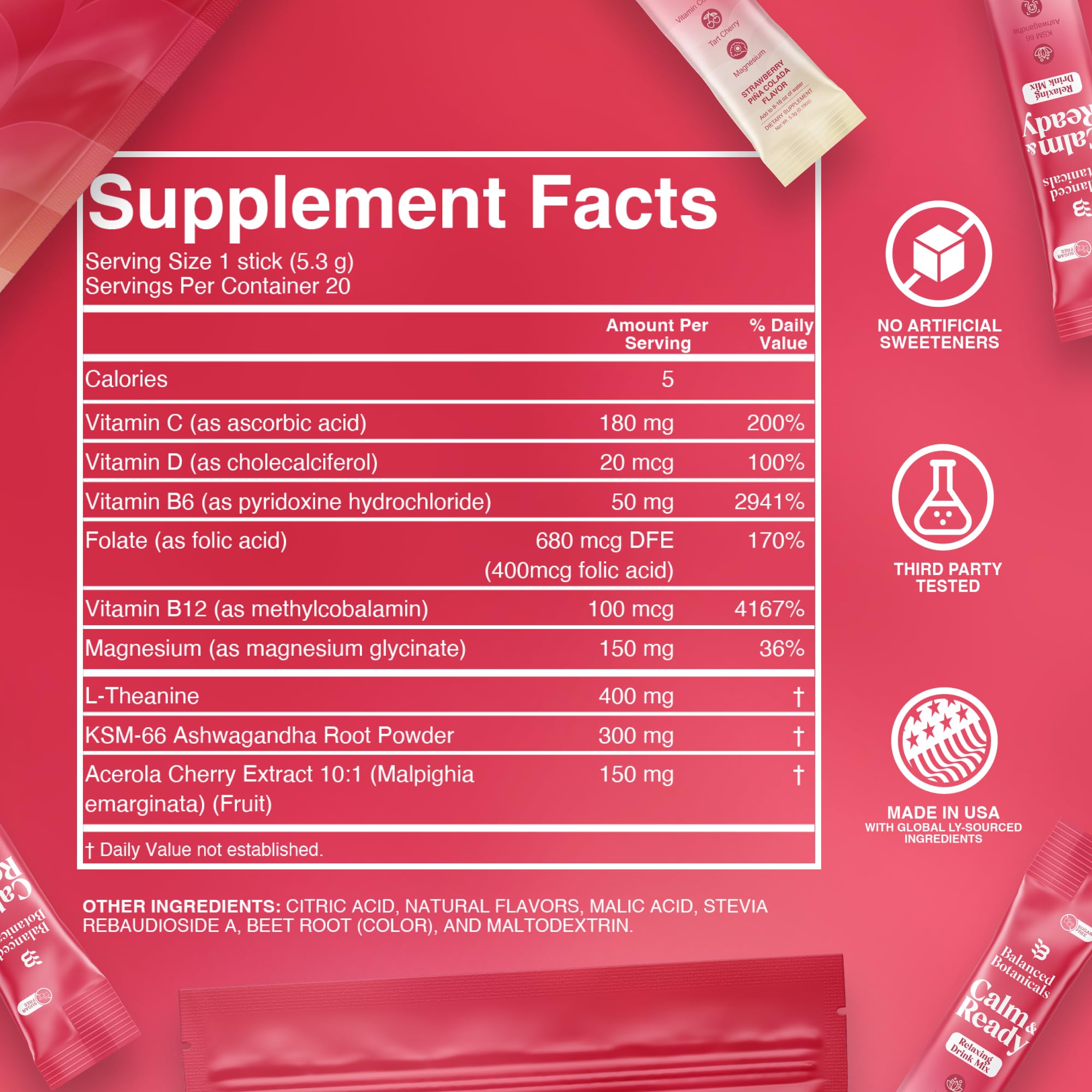 Balanced Botanicals Calm & Ready Sleep Powder Strawberry Piña Colada on a kitchen counter