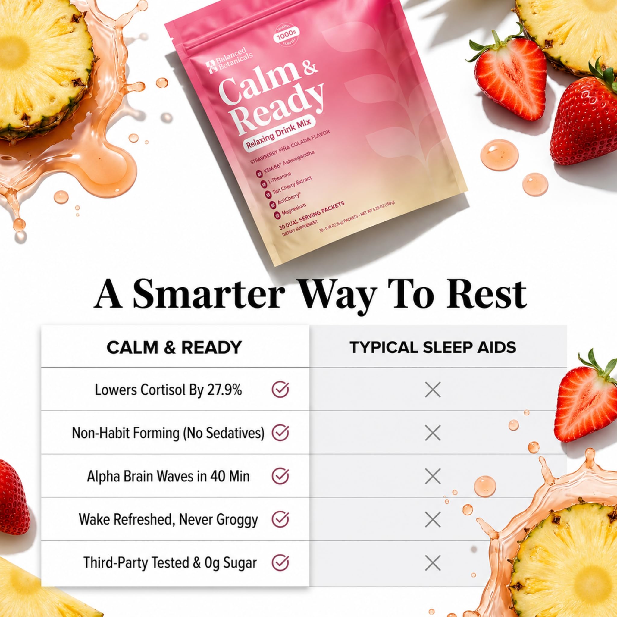 Balanced Botanicals Calm & Ready Sleep Powder Strawberry Piña Colada sachets