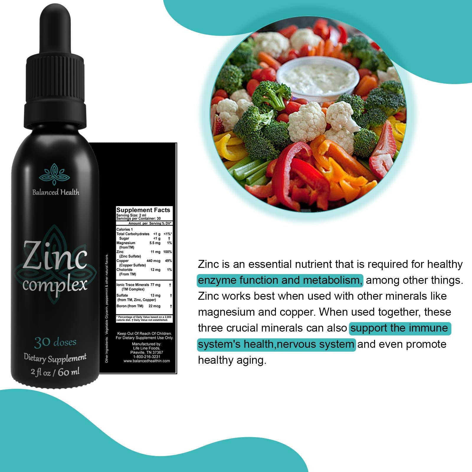 Balanced Health Zinc Complex Liquid Drops 2oz displayed with other supplements
