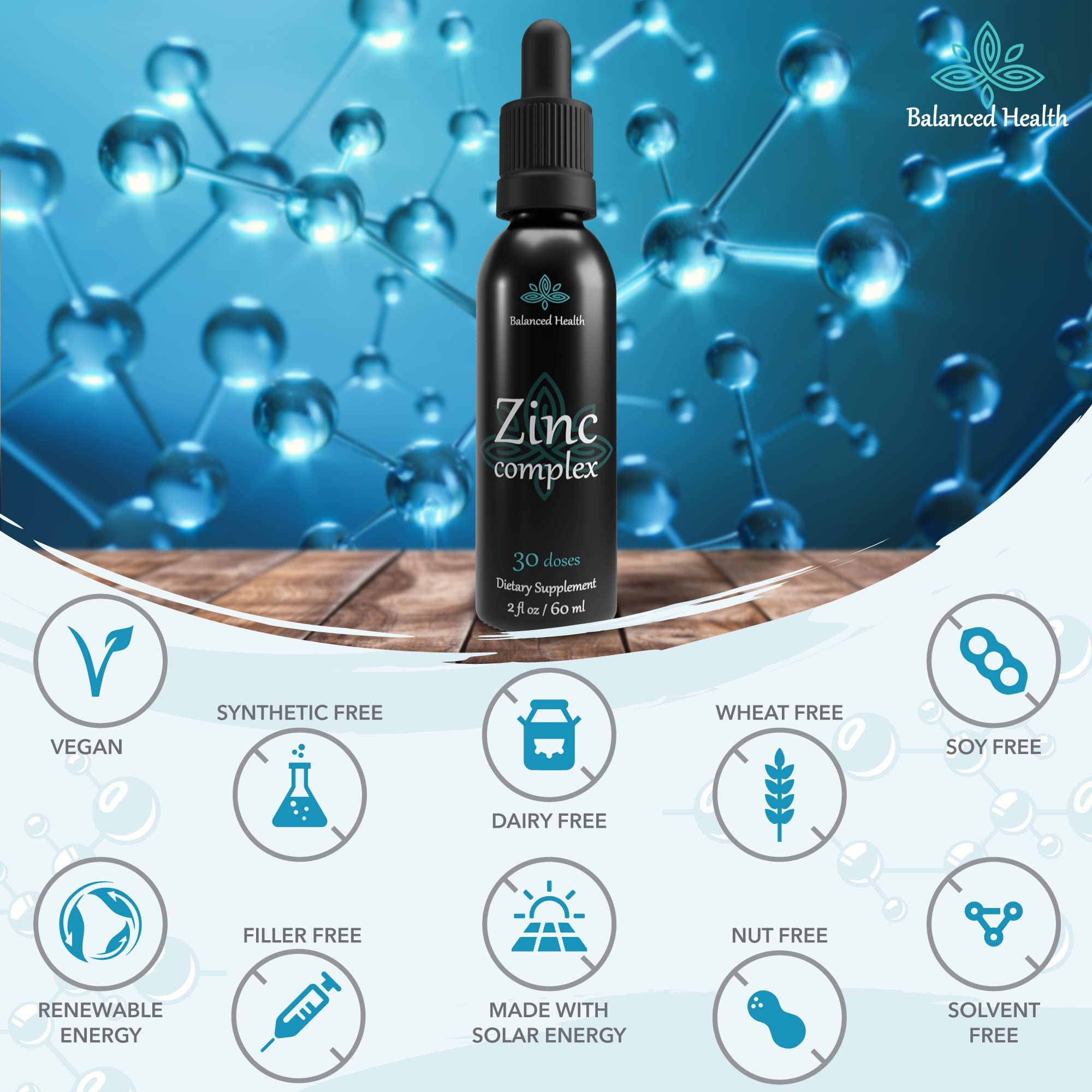 Balanced Health Zinc Complex Liquid Drops 2oz packaging on a table