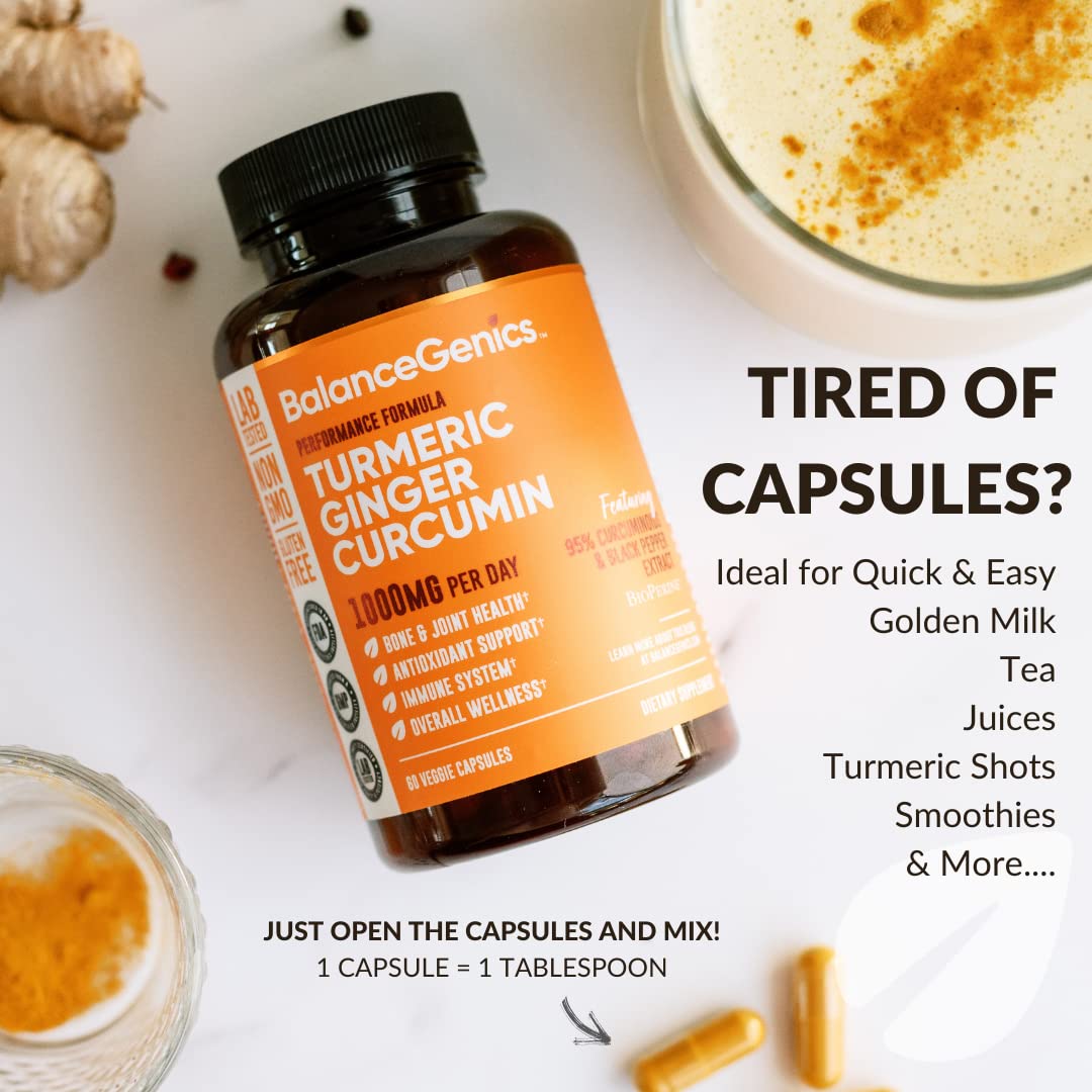 BalanceGenics Turmeric Ginger Curcumin 1000mg capsules on a wooden table