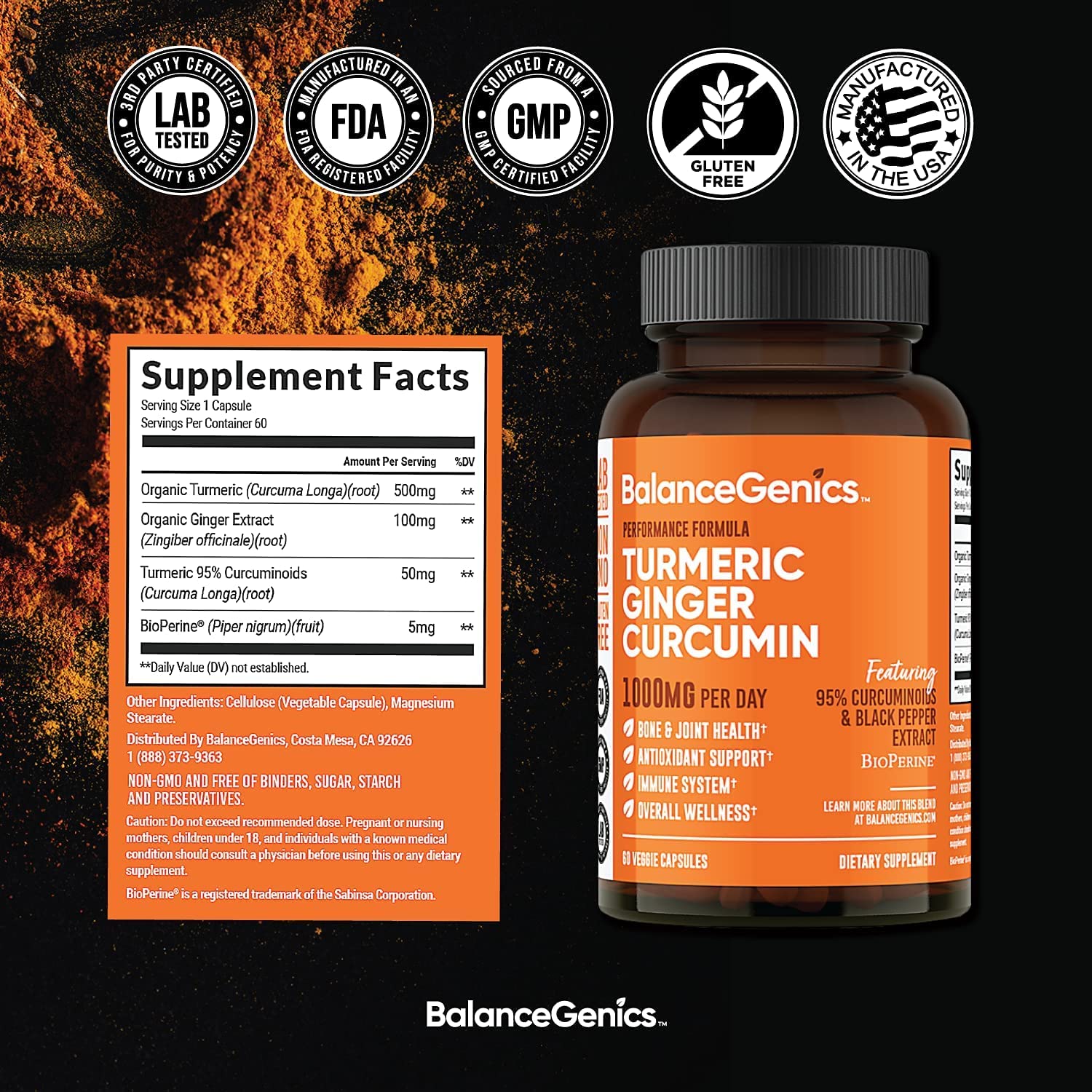 BalanceGenics Turmeric Ginger Curcumin 1000mg capsules opened to show powder