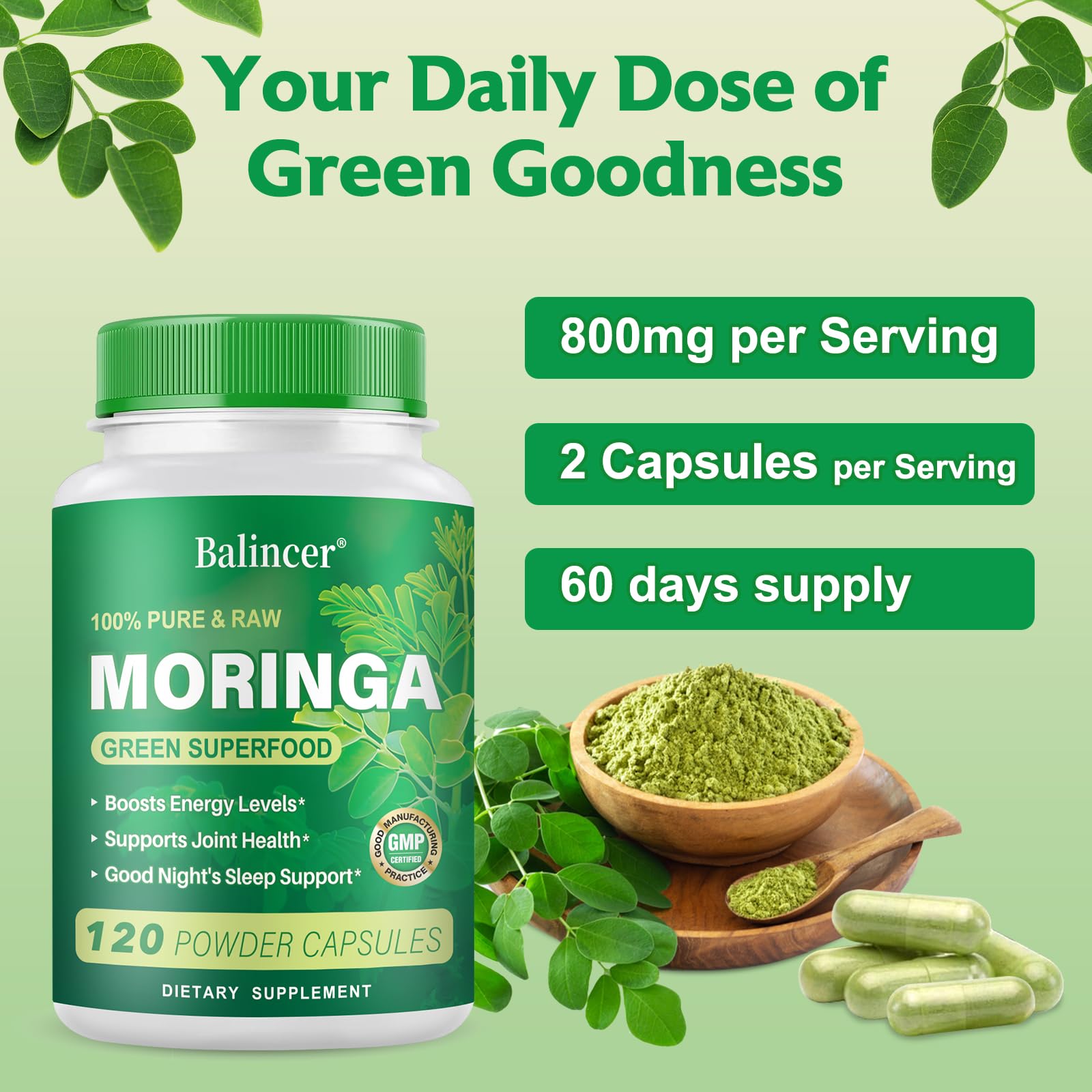 Balincer Moringa Capsules arranged on a wooden surface