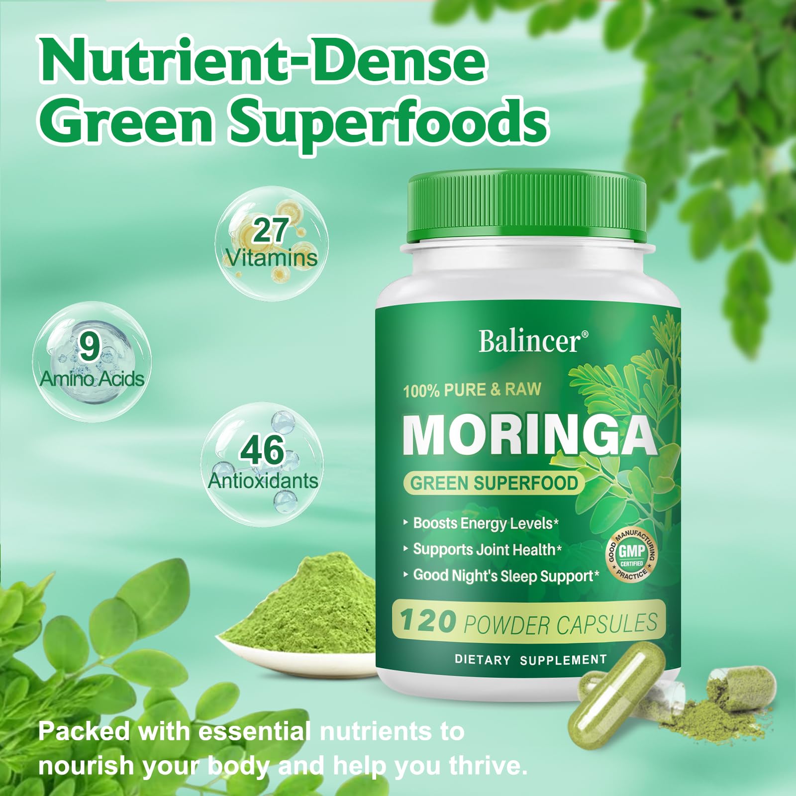 Balincer Moringa Capsules displayed with fresh Moringa leaves