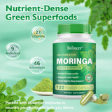 Balincer Moringa Capsules displayed with fresh Moringa leaves