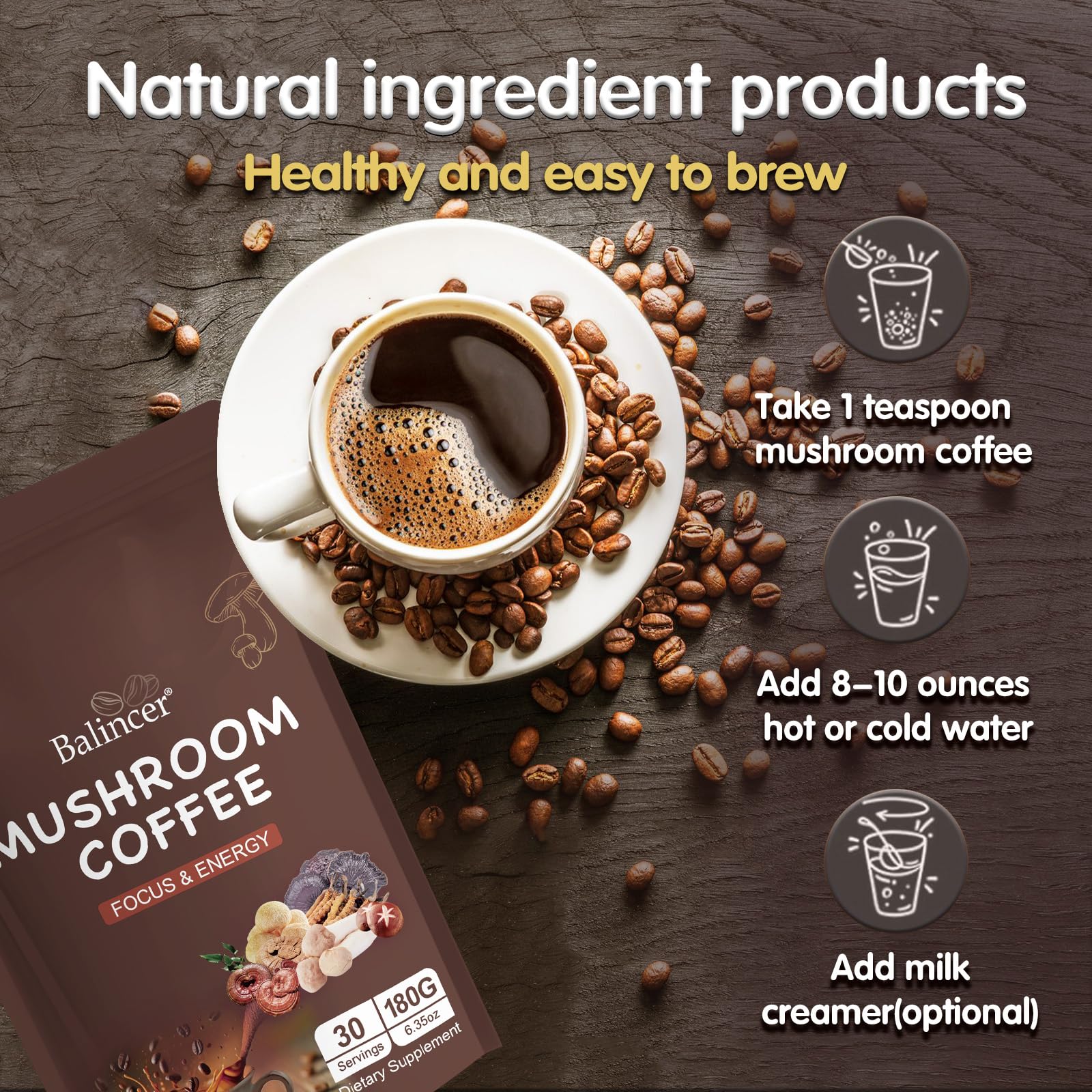 Balincer Mushroom Coffee Blend with coffee beans