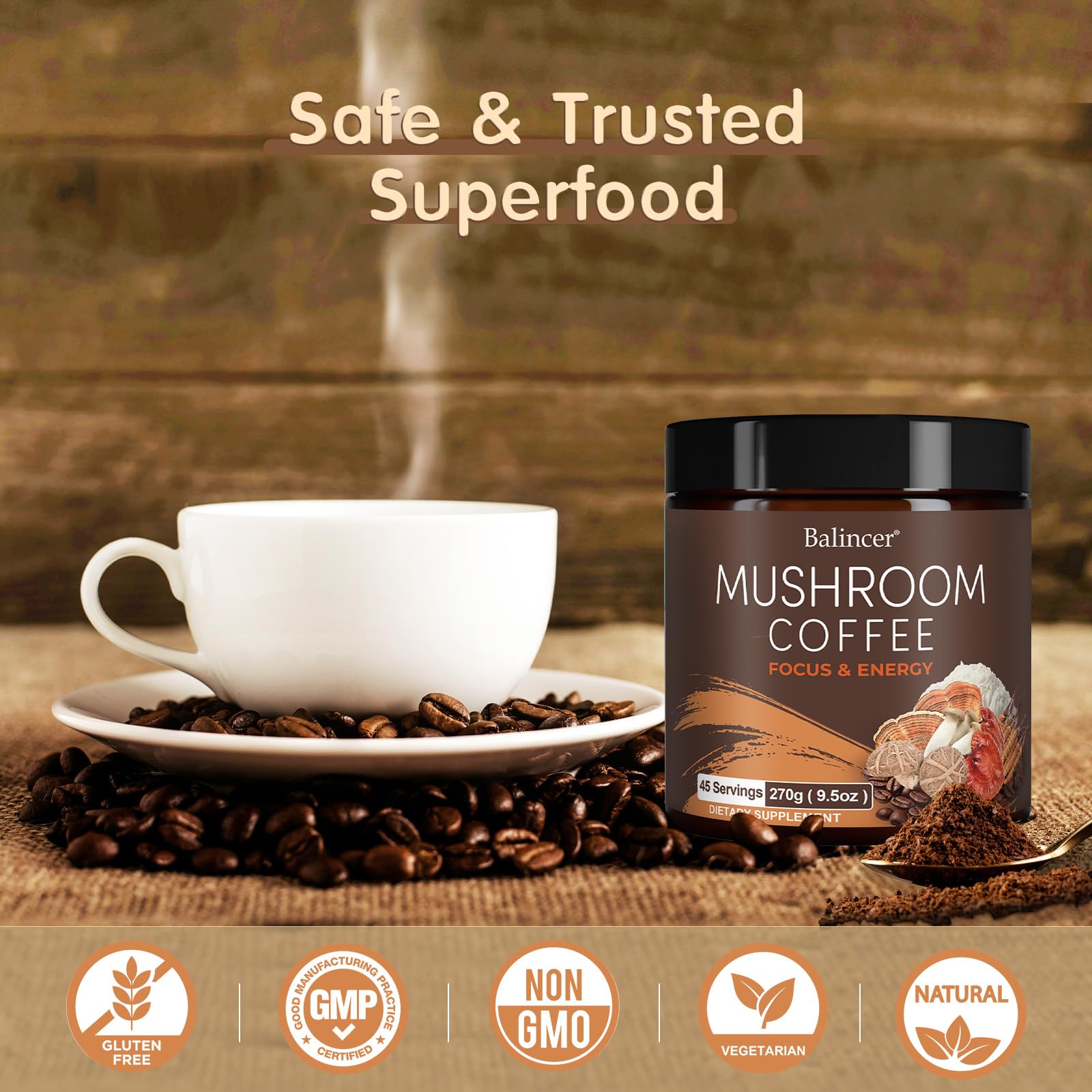 Balincer Mushroom Coffee packaging with mushrooms illustration