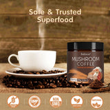 Balincer Mushroom Coffee packaging with mushrooms illustration