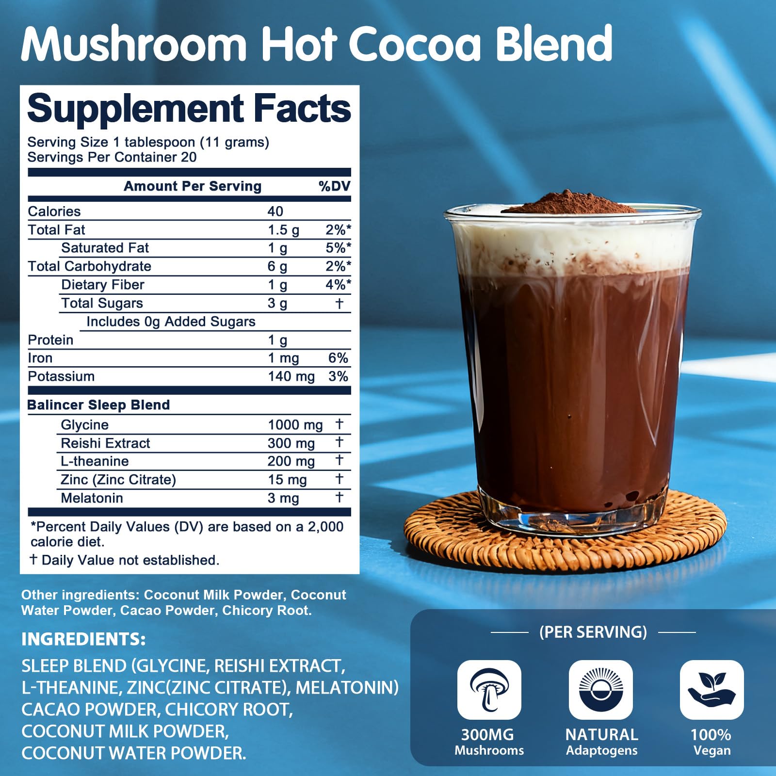 Balincer Mushroom Hot Cocoa 231g back view showing ingredients