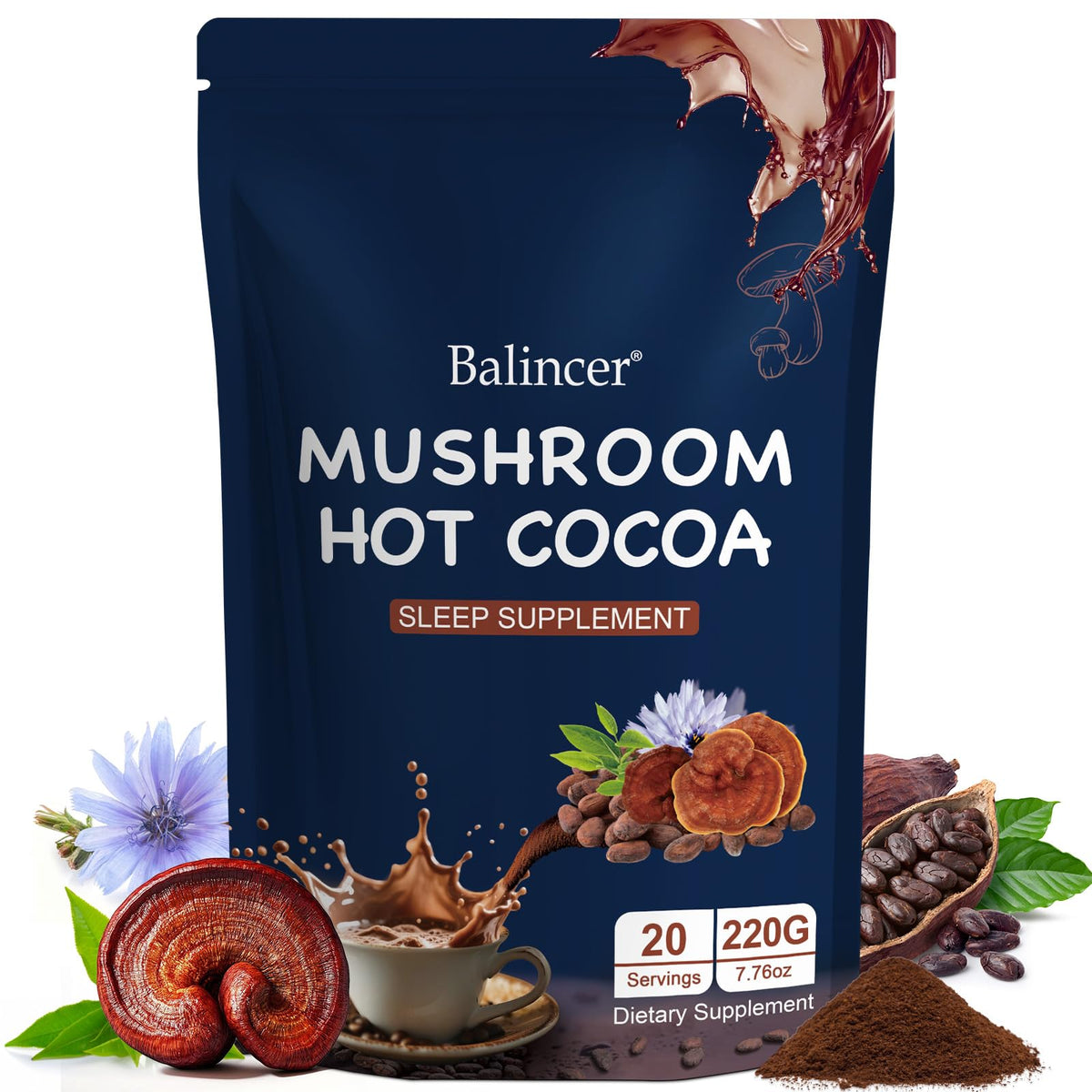 Balincer Mushroom Hot Cocoa 231g front view with packaging