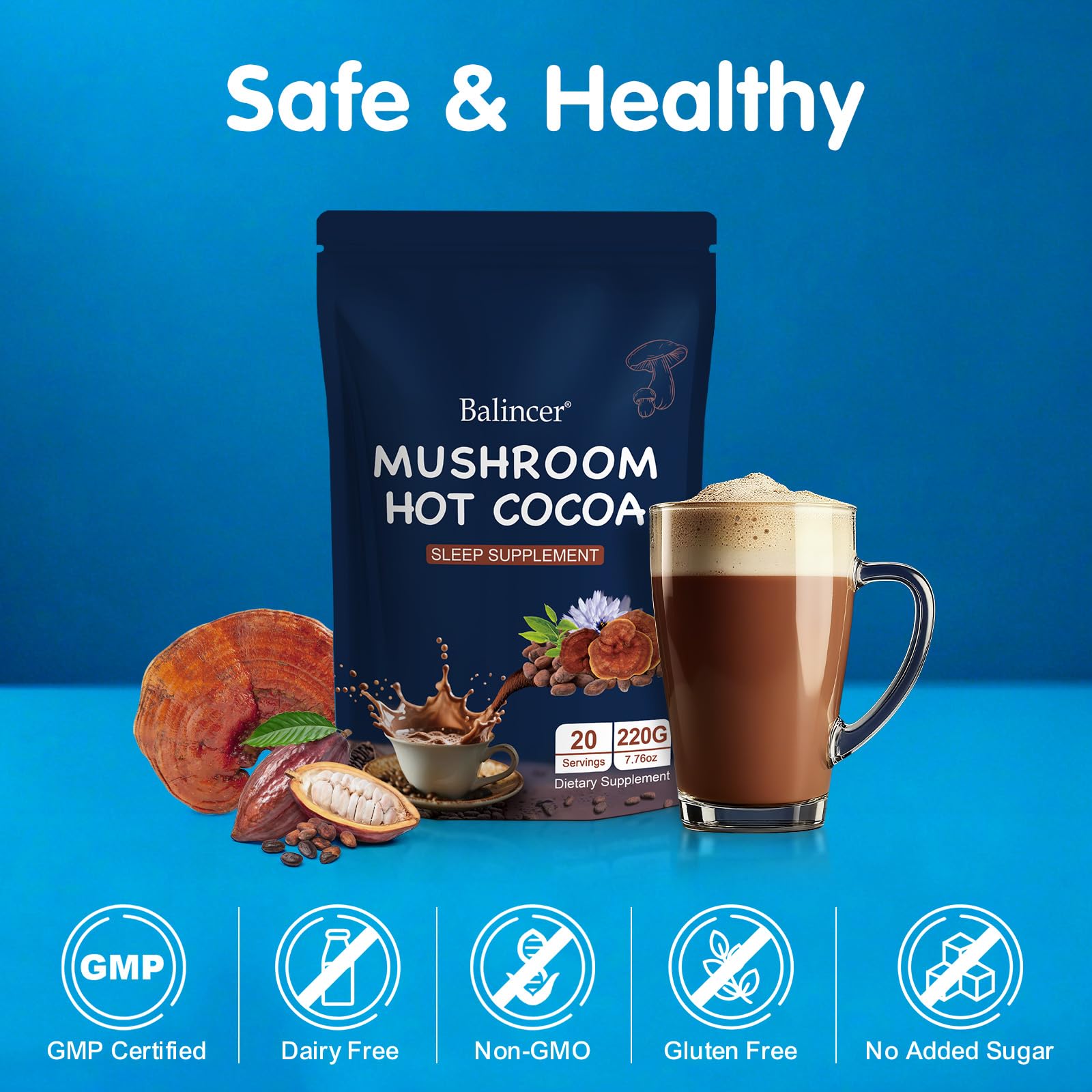 Balincer Mushroom Hot Cocoa 231g side view with nutritional info