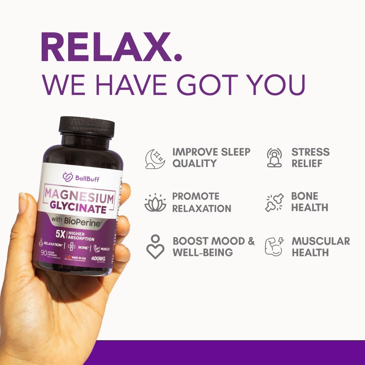 BallBuff Magnesium Glycinate 400mg capsules on a wooden surface
