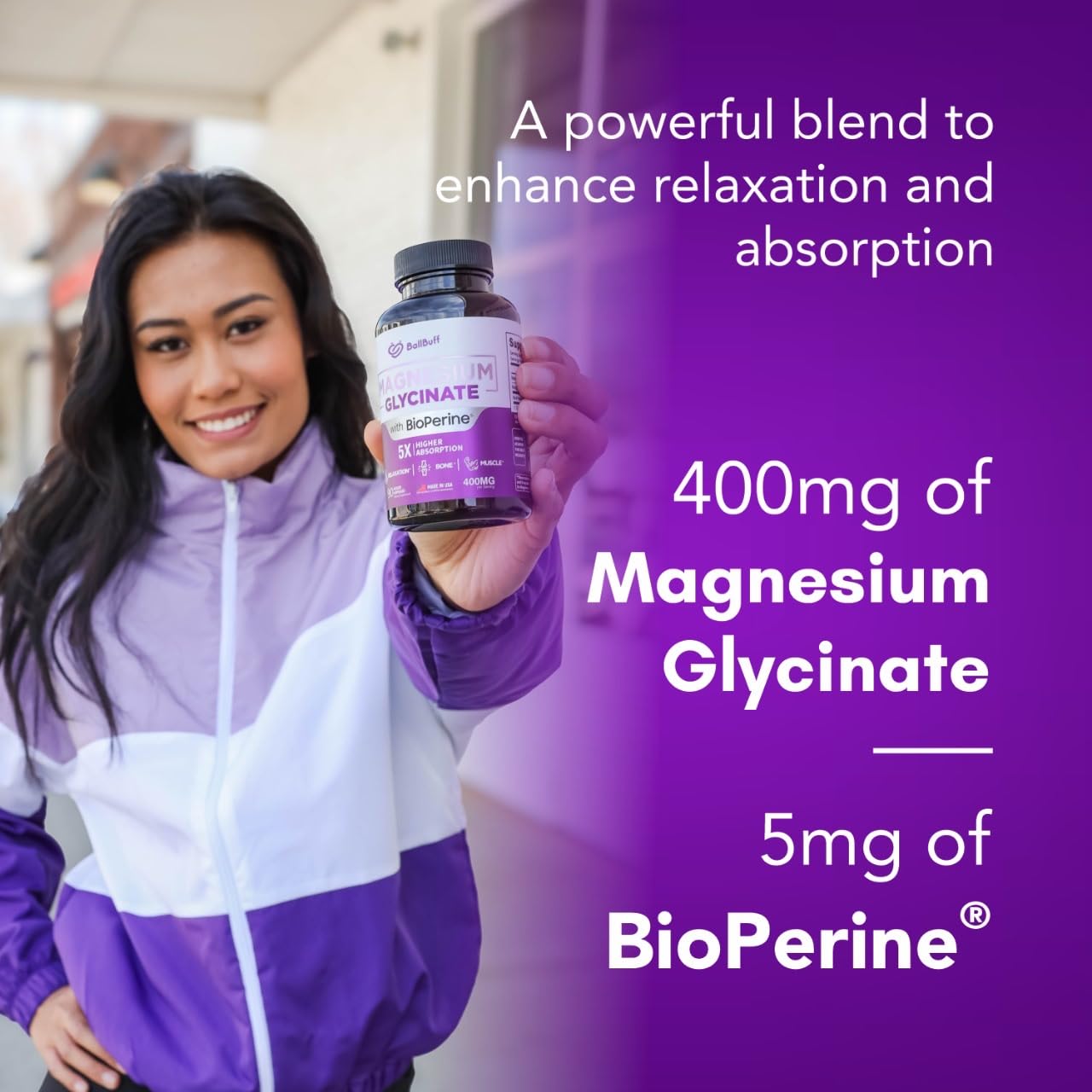BallBuff Magnesium Glycinate 400mg supplement bottle with label
