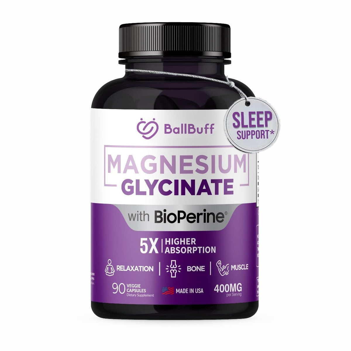 BallBuff Magnesium Glycinate 400mg supplement front view