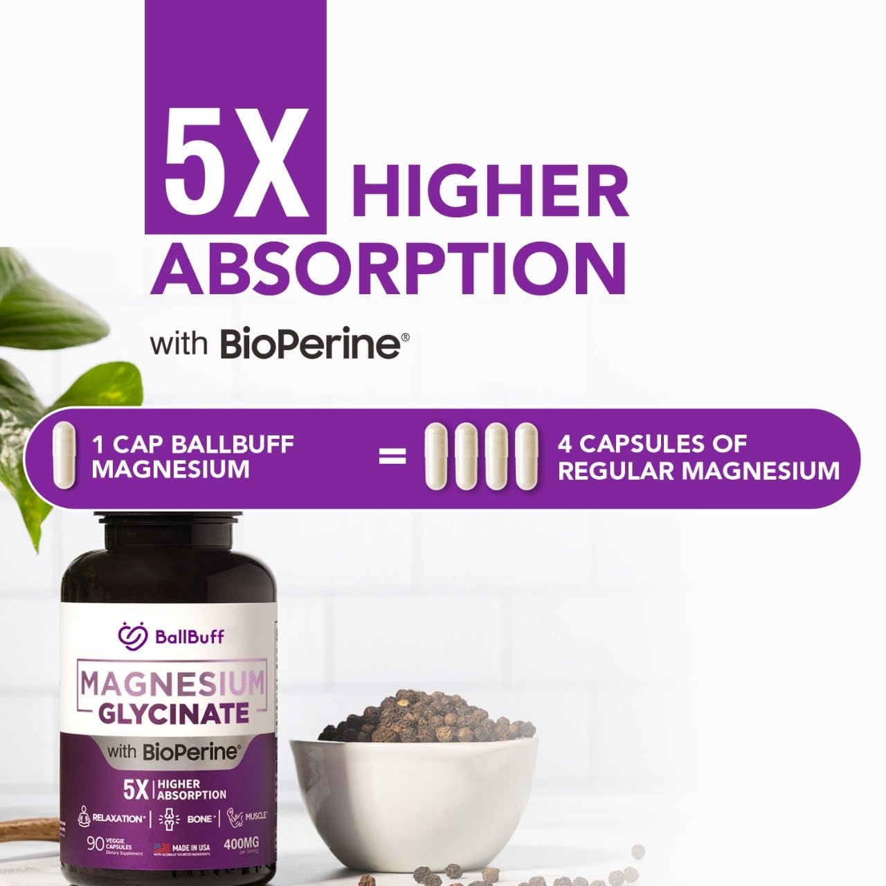 BallBuff Magnesium Glycinate 400mg supplement side view