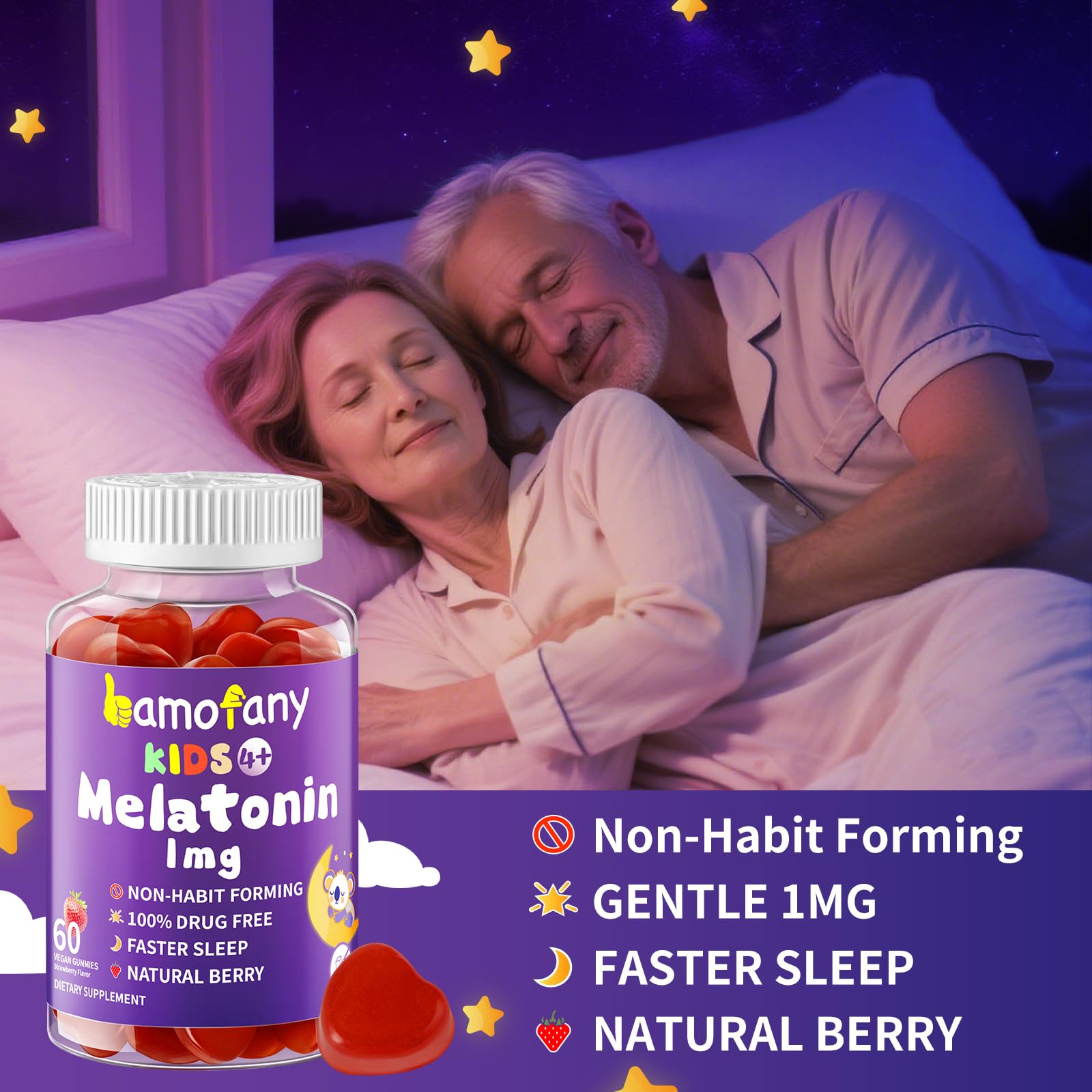 Bamofany Kids Melatonin Gummies 1mg displayed with a measuring spoon