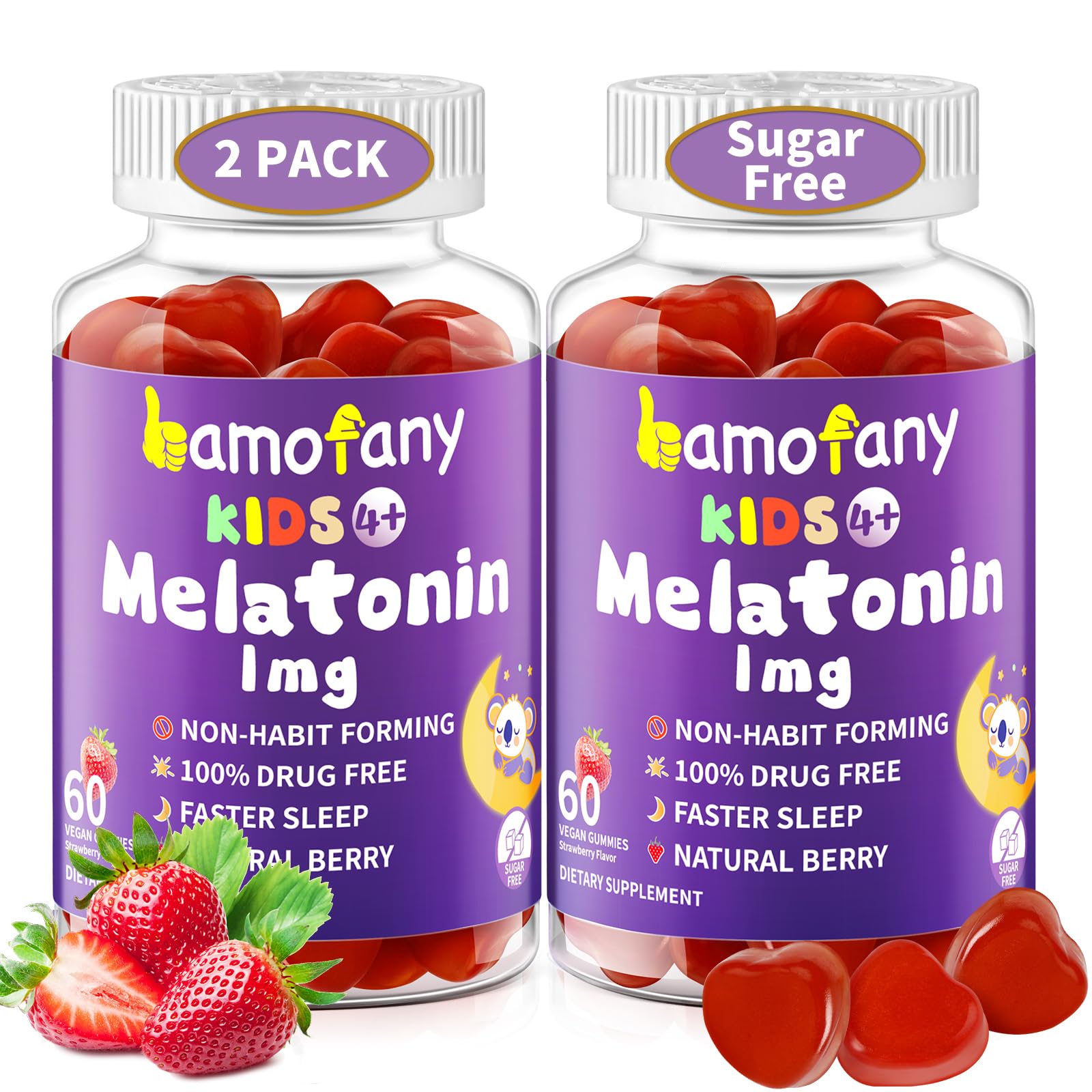 Bamofany Kids Melatonin Gummies 1mg front view, pack of 2