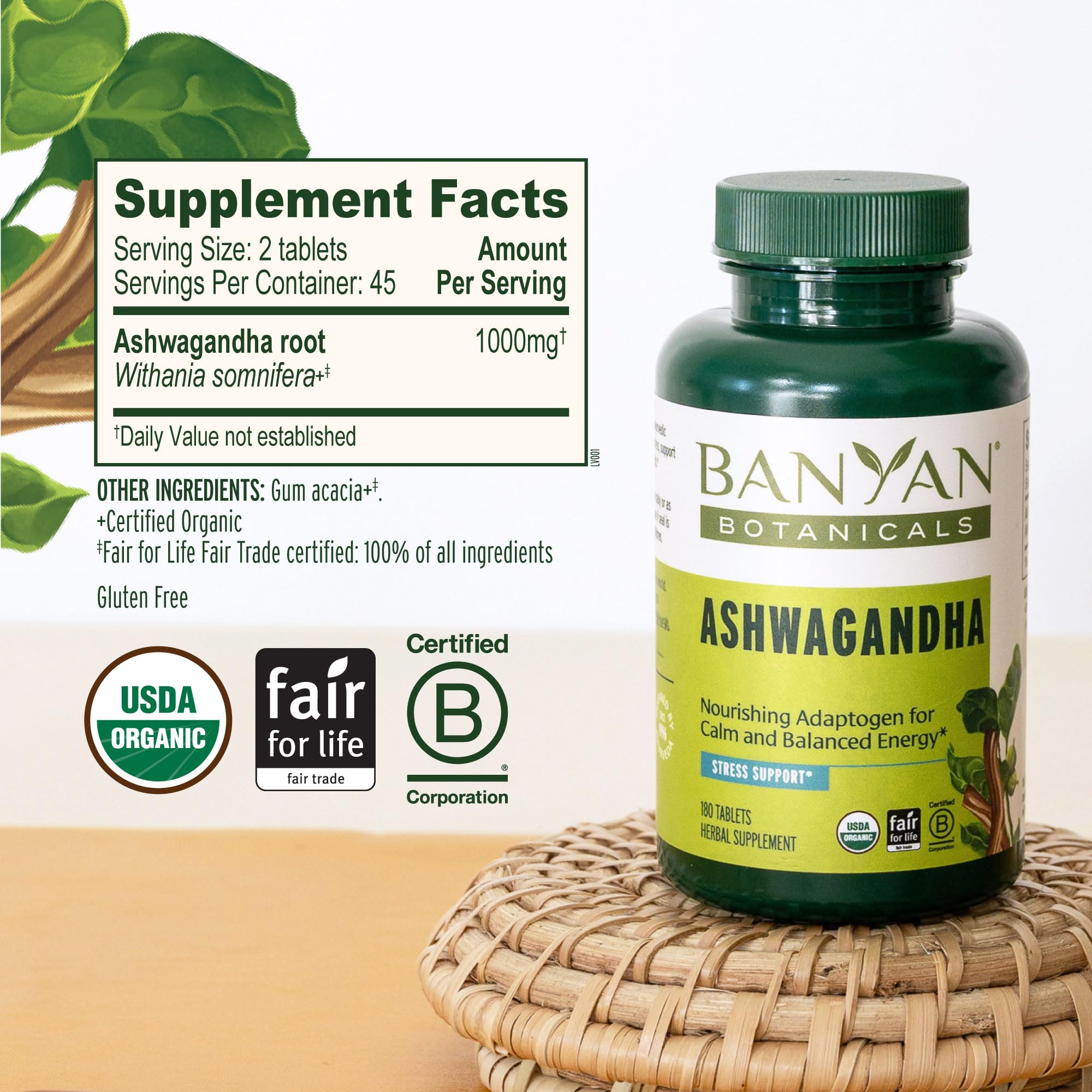 Banyan Botanicals Ashwagandha Tablets on a wooden surface