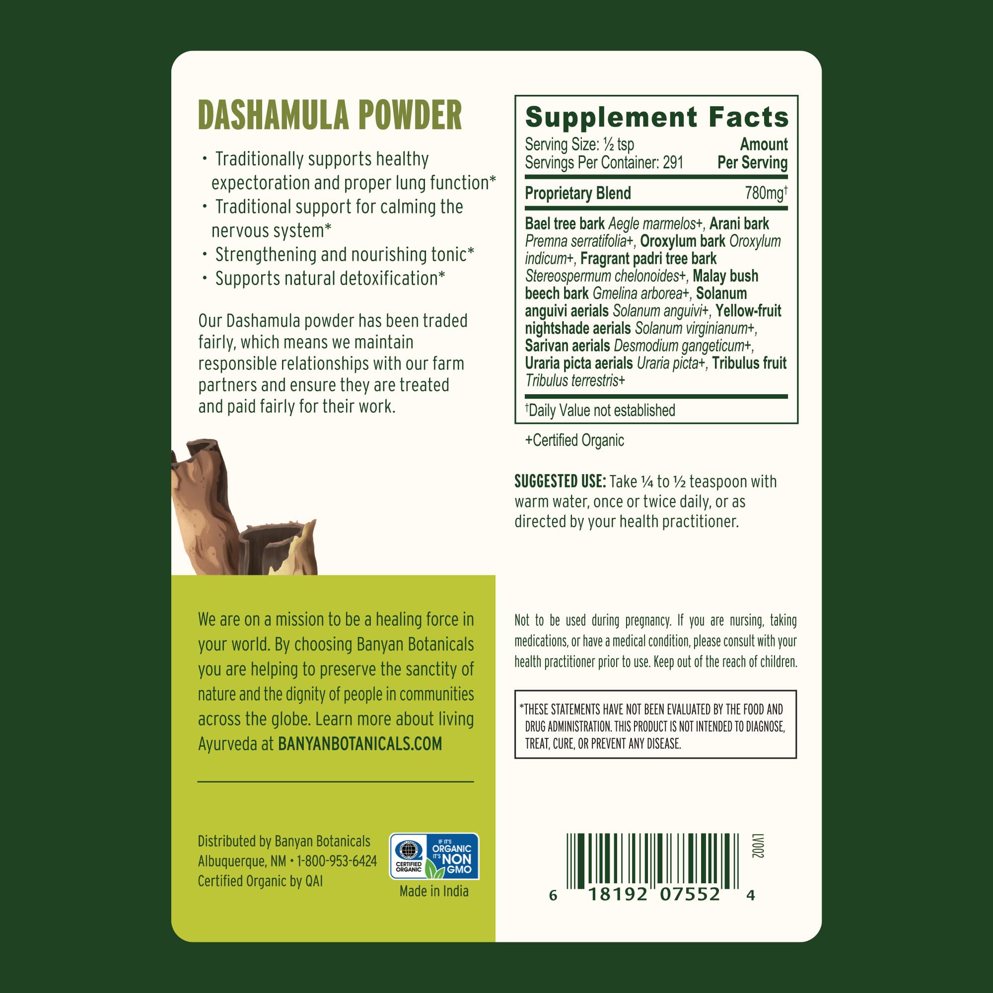 Banyan Botanicals Dashamula Powder preparation with hot water