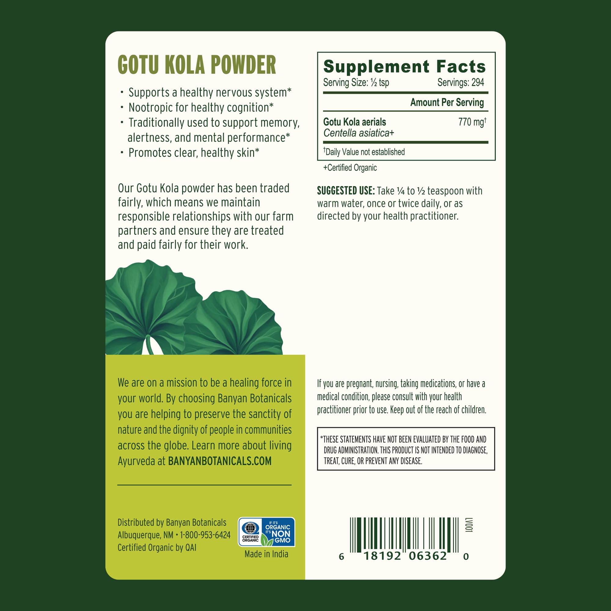 Banyan Botanicals Gotu Kola Powder in a bowl