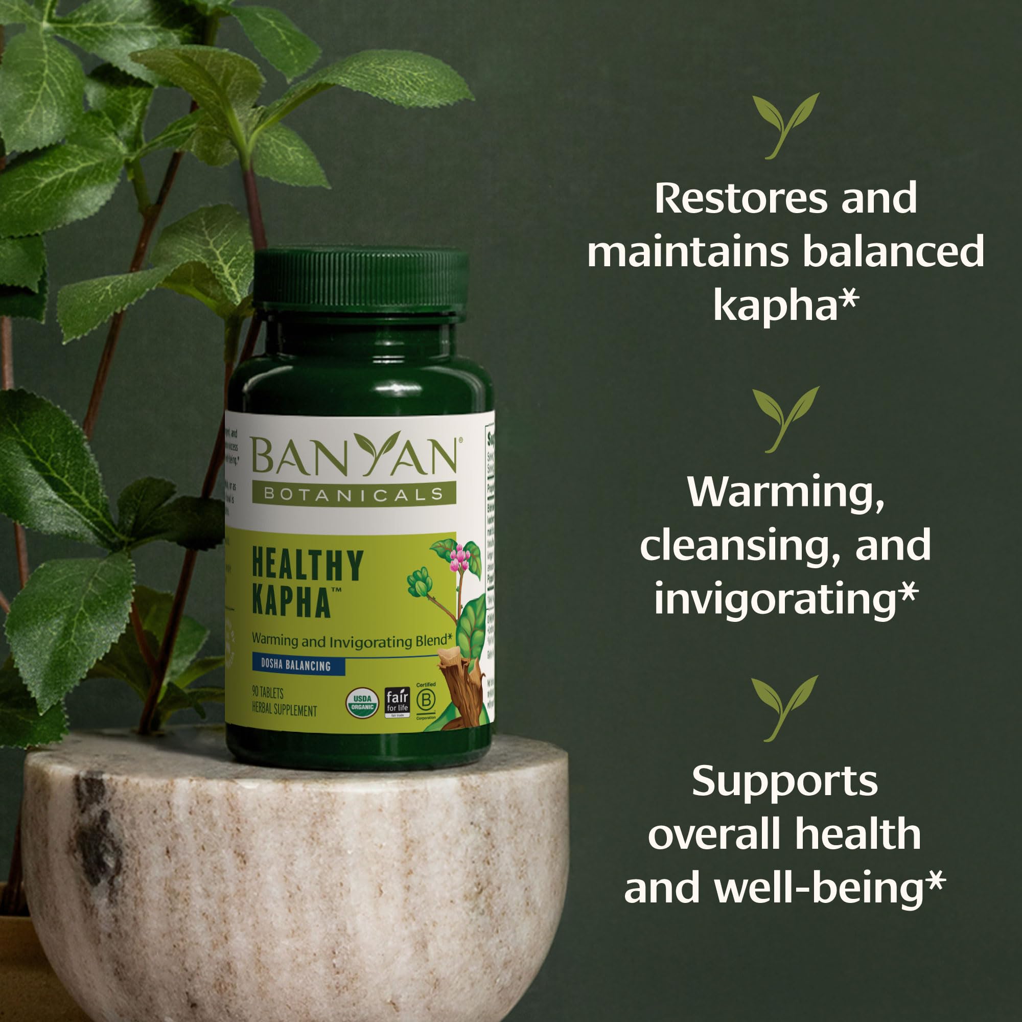 Banyan Botanicals Healthy Kapha supplement tablets close-up