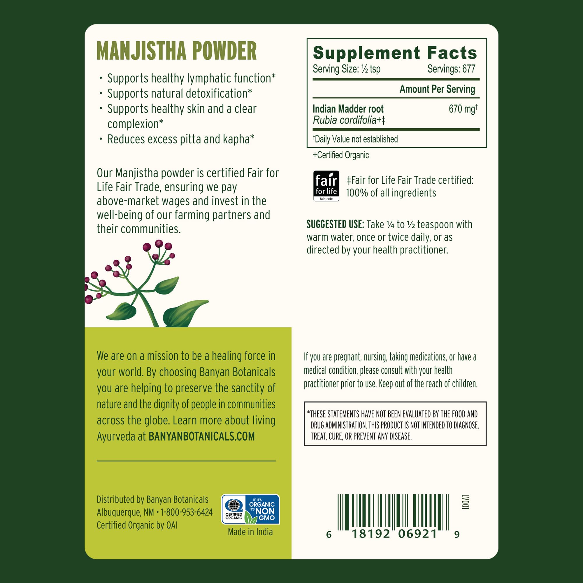 Banyan Botanicals Manjishtha Powder close-up of label