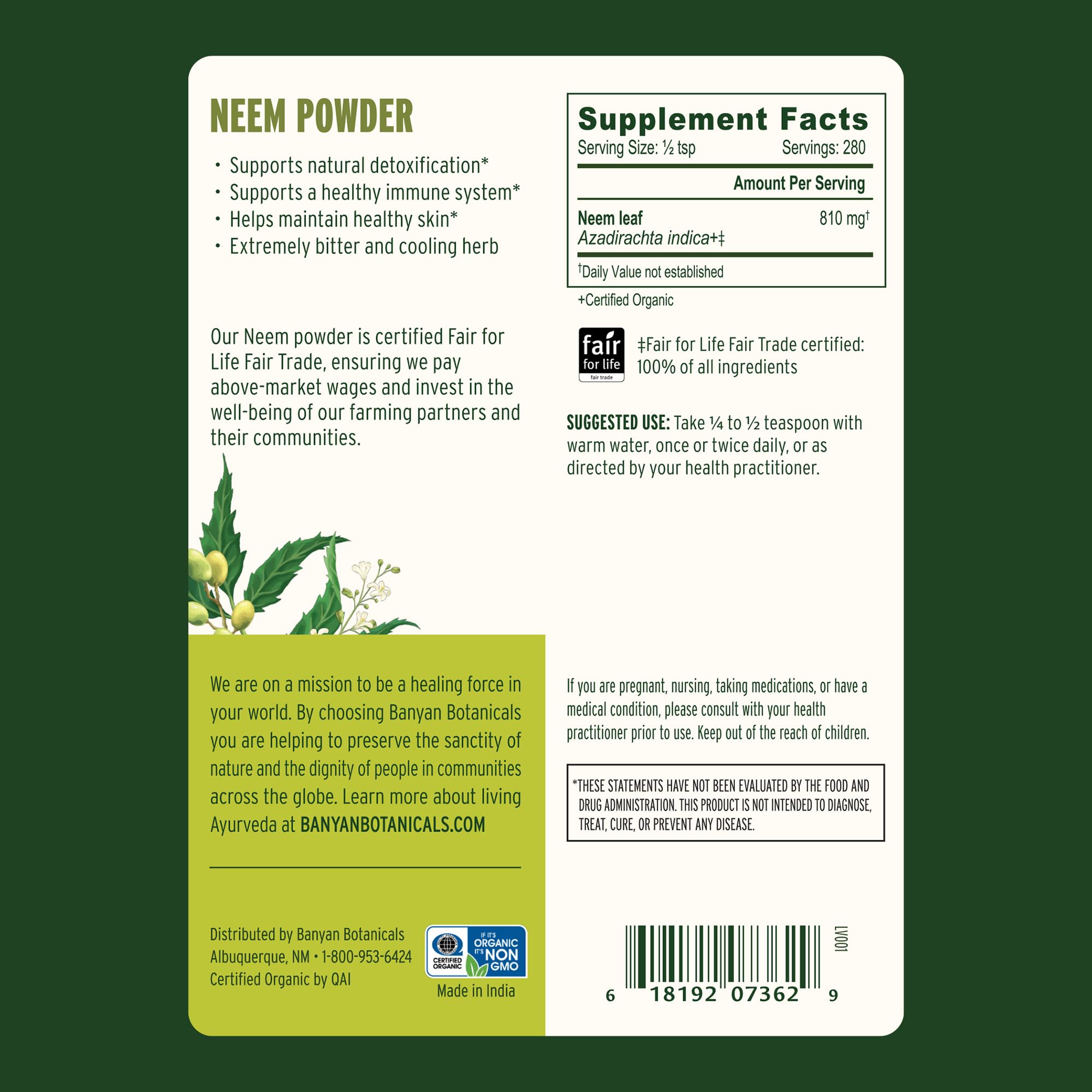 Banyan Botanicals Neem Powder 227g back view