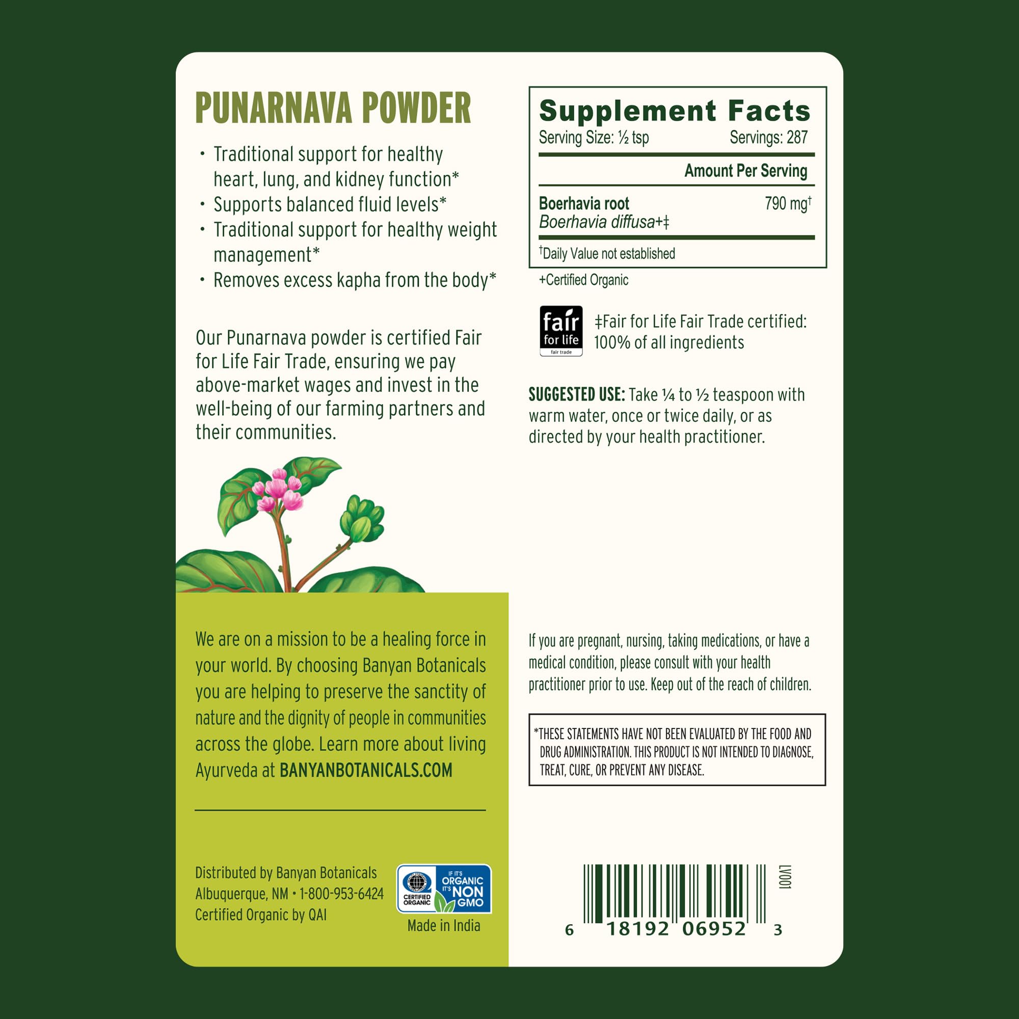 Banyan Botanicals Punarnava Powder 227g showing organic certification