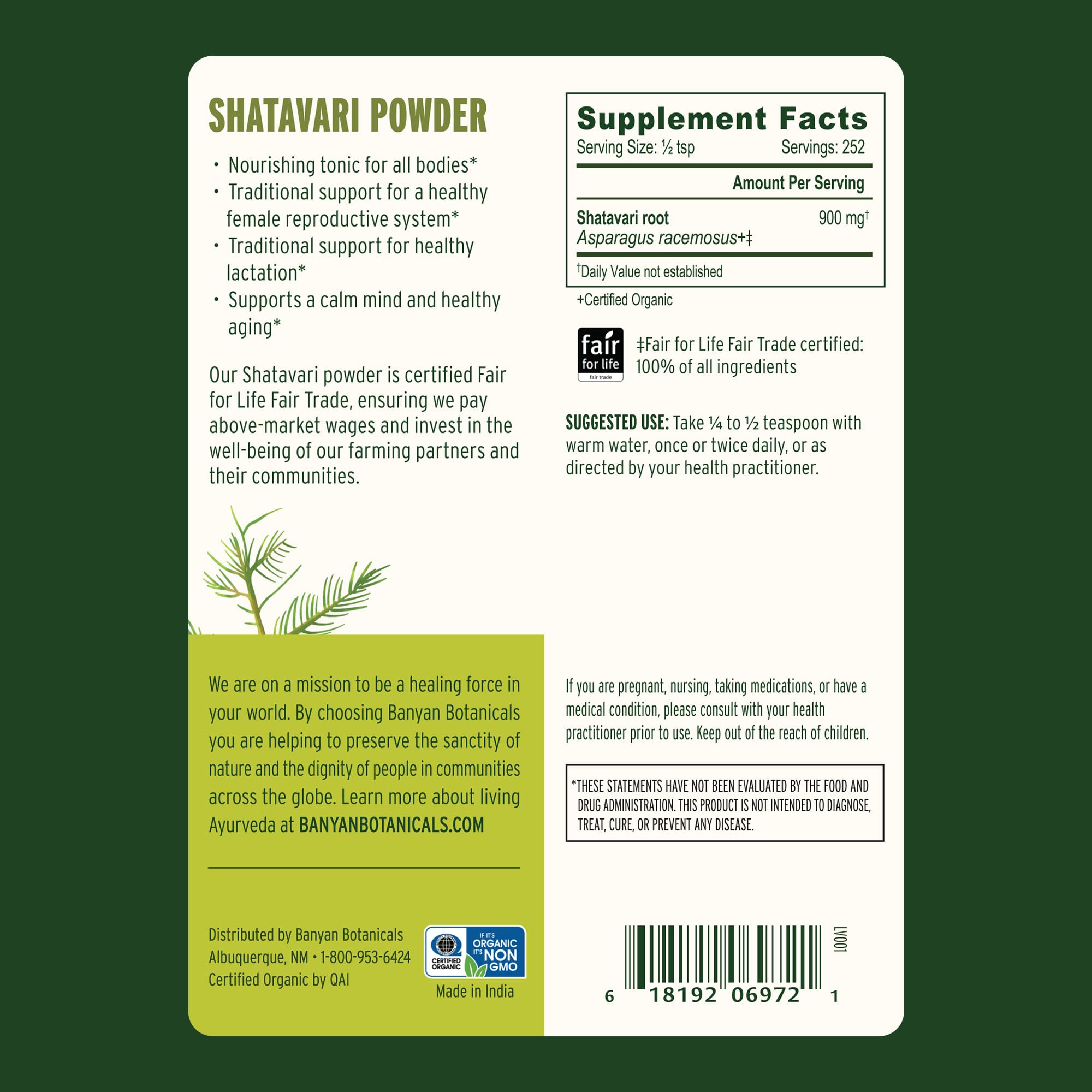 Banyan Botanicals Shatavari Powder packaging with ingredients