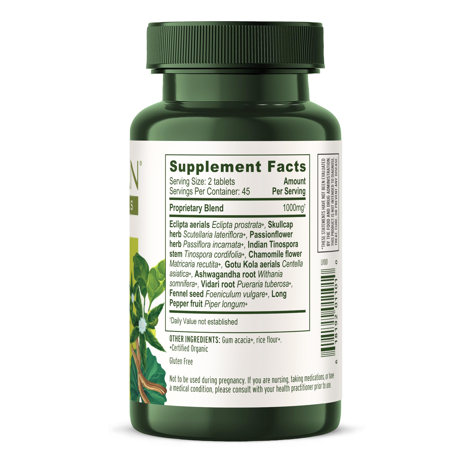 Banyan Botanicals Tranquil Mind 90 Tablets displayed with herbs