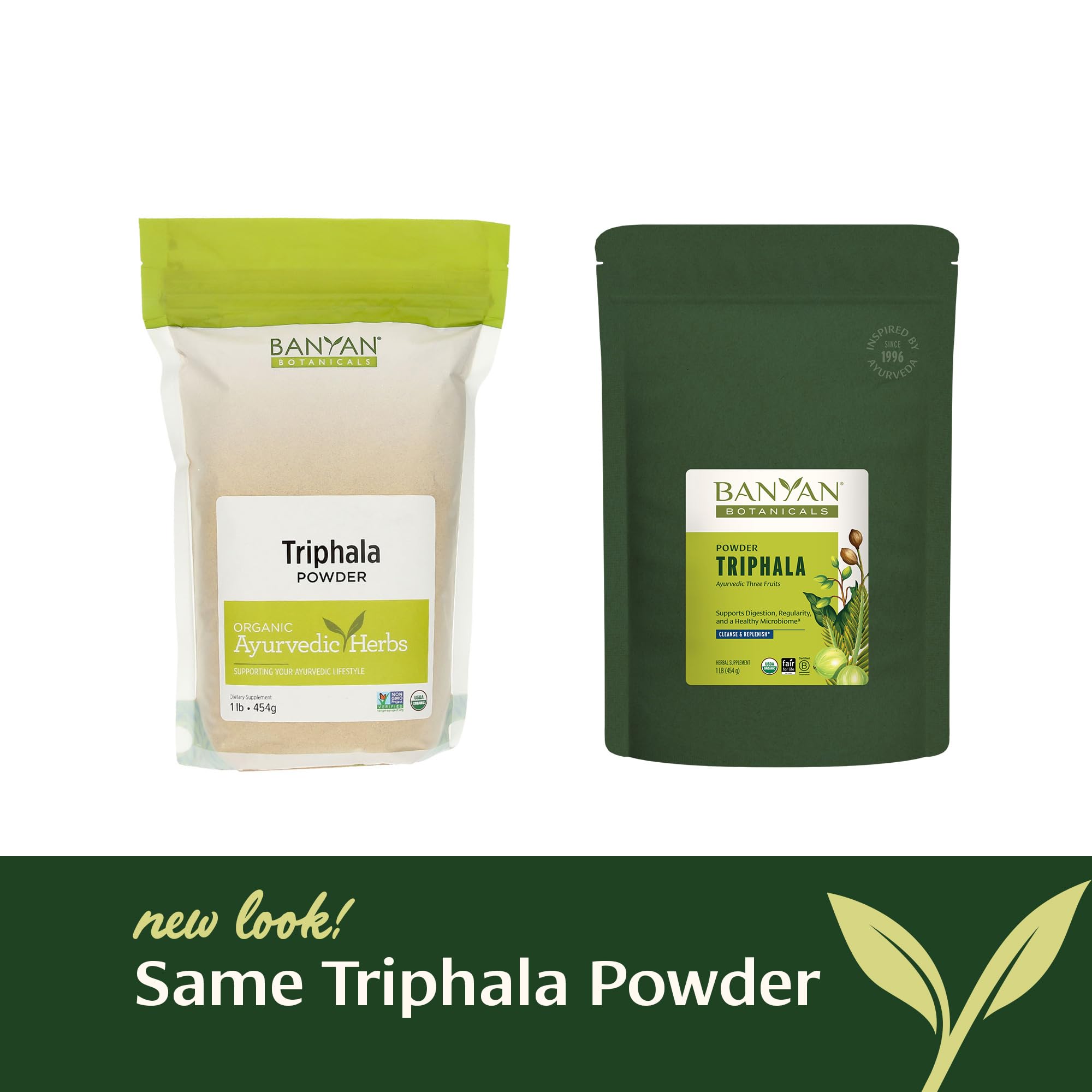 Banyan Botanicals Triphala Organic Powder on a wooden table