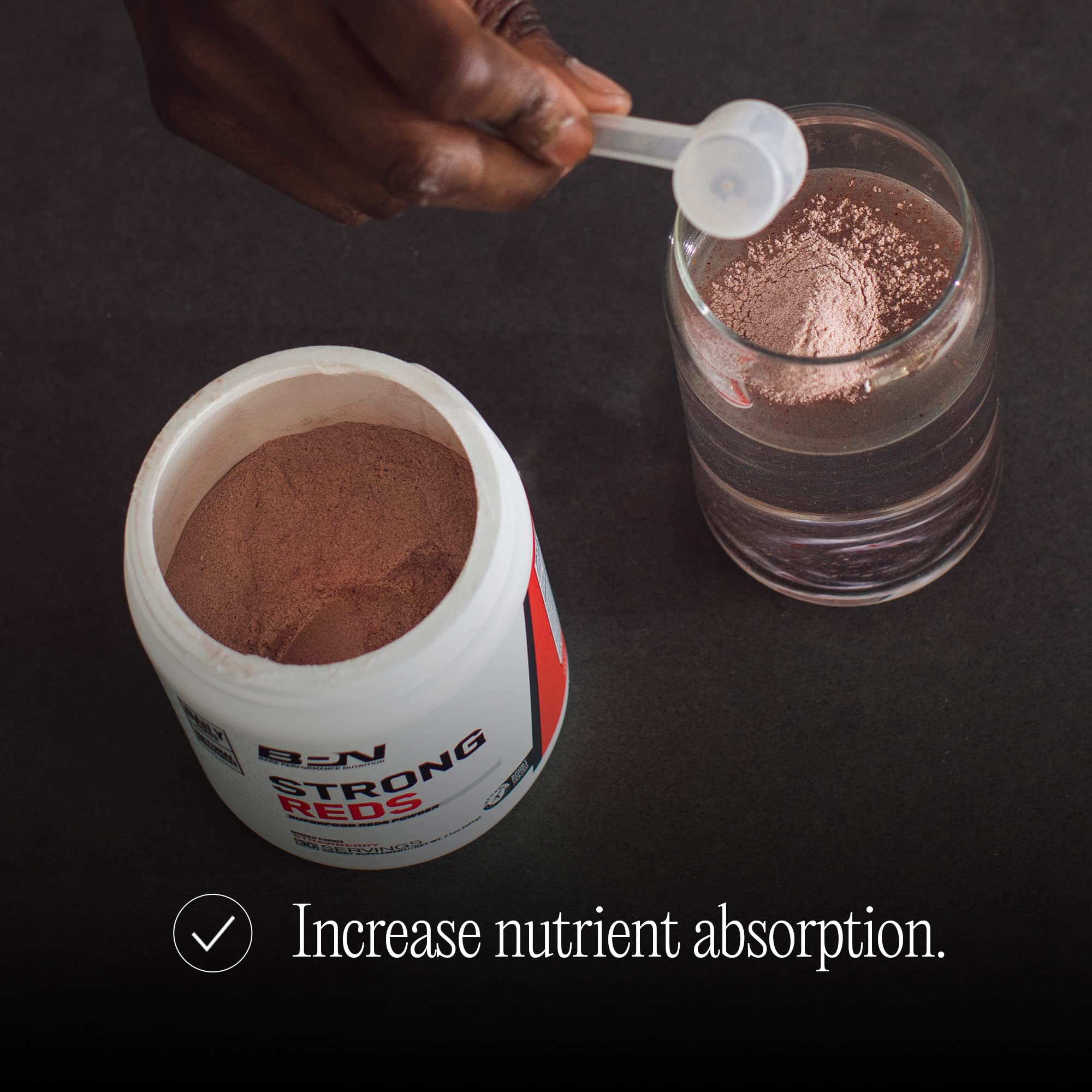 BARE PERFORMANCE NUTRITION STRONG REDS powder scoop